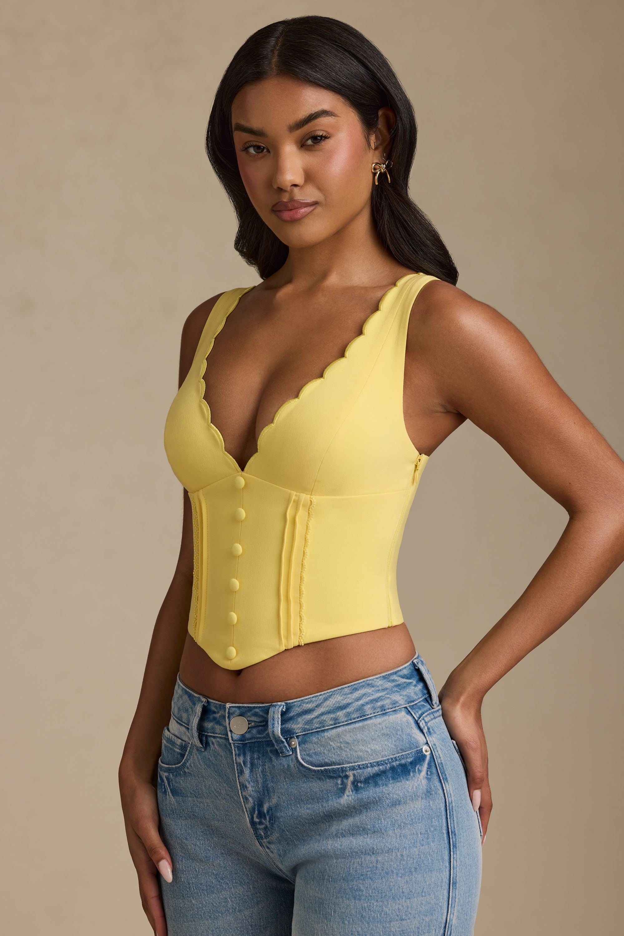 Plunge-Neck Scalloped Corset Top in Pastel Yellow