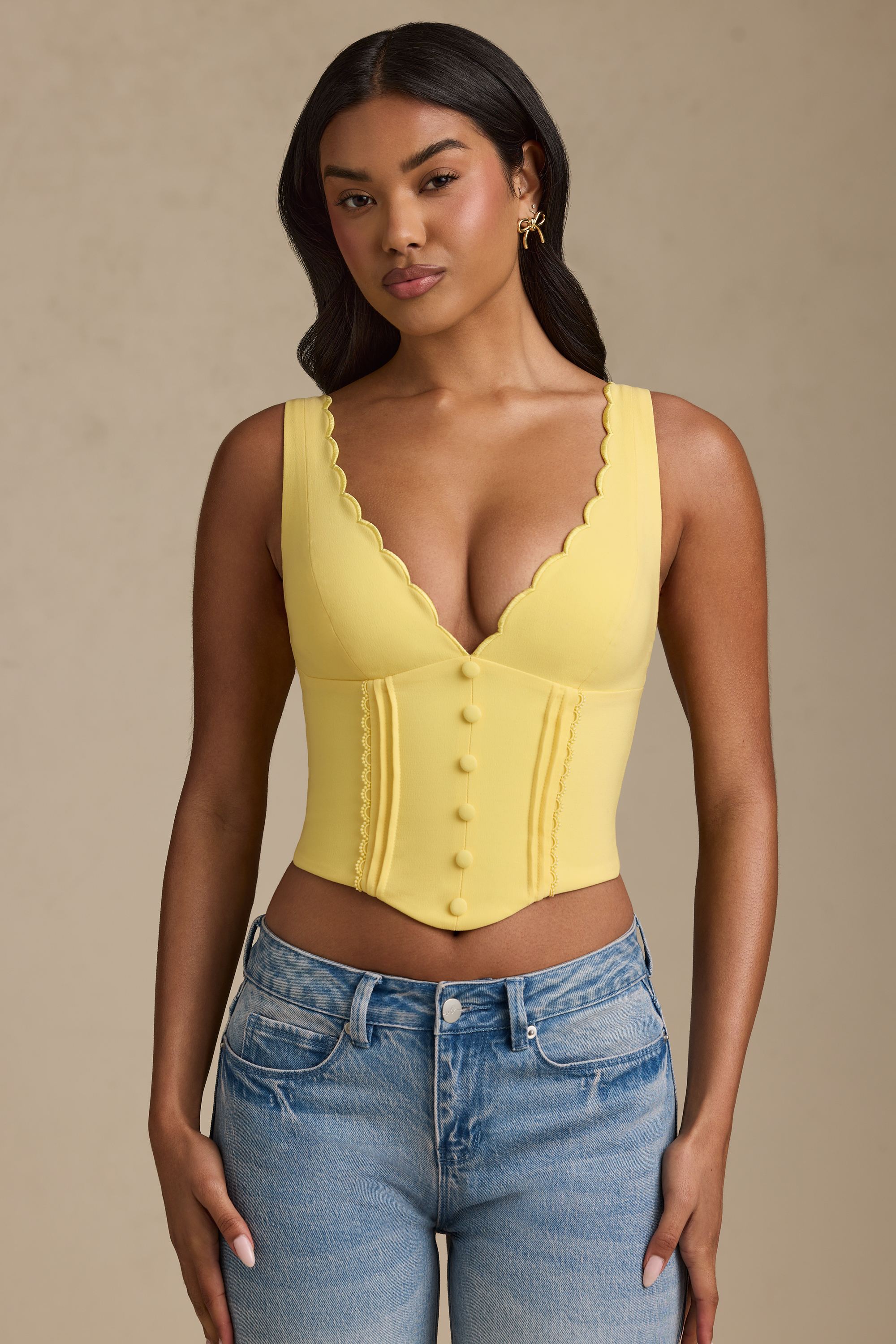 Plunge-Neck Scalloped Corset Top in Pastel Yellow