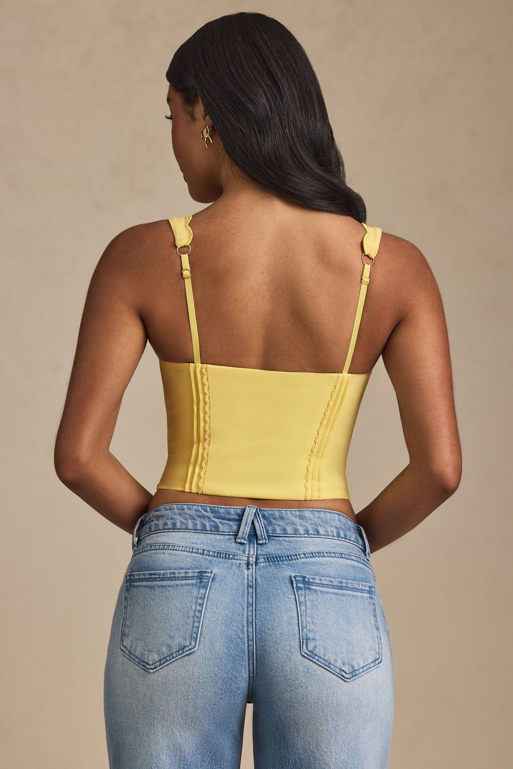 Plunge-Neck Scalloped Corset Top in Pastel Yellow