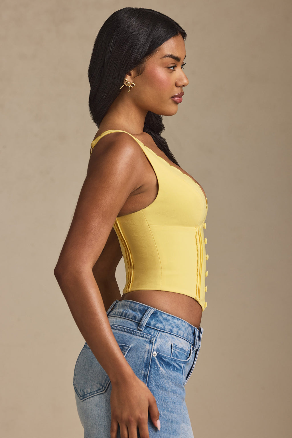 Plunge-Neck Scalloped Corset Top in Pastel Yellow