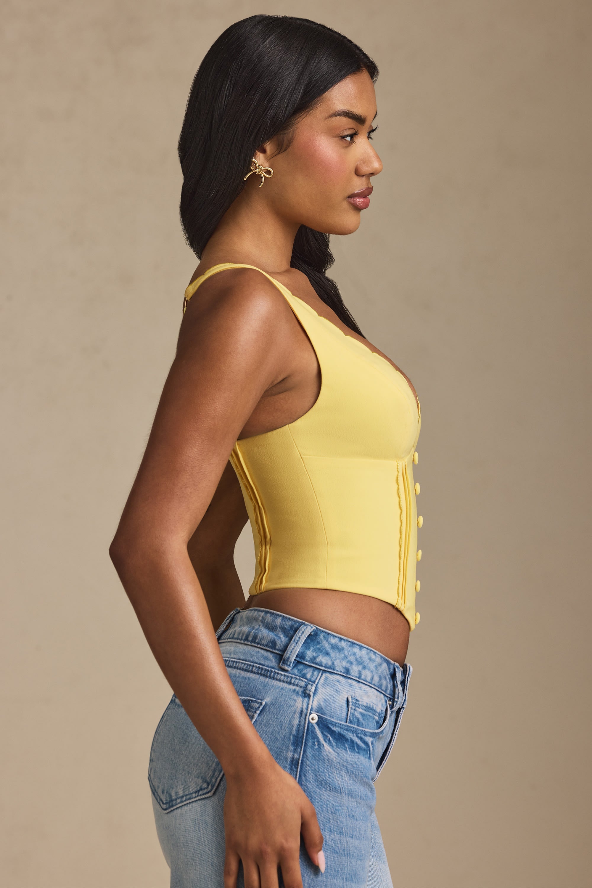 Plunge-Neck Scalloped Corset Top in Pastel Yellow