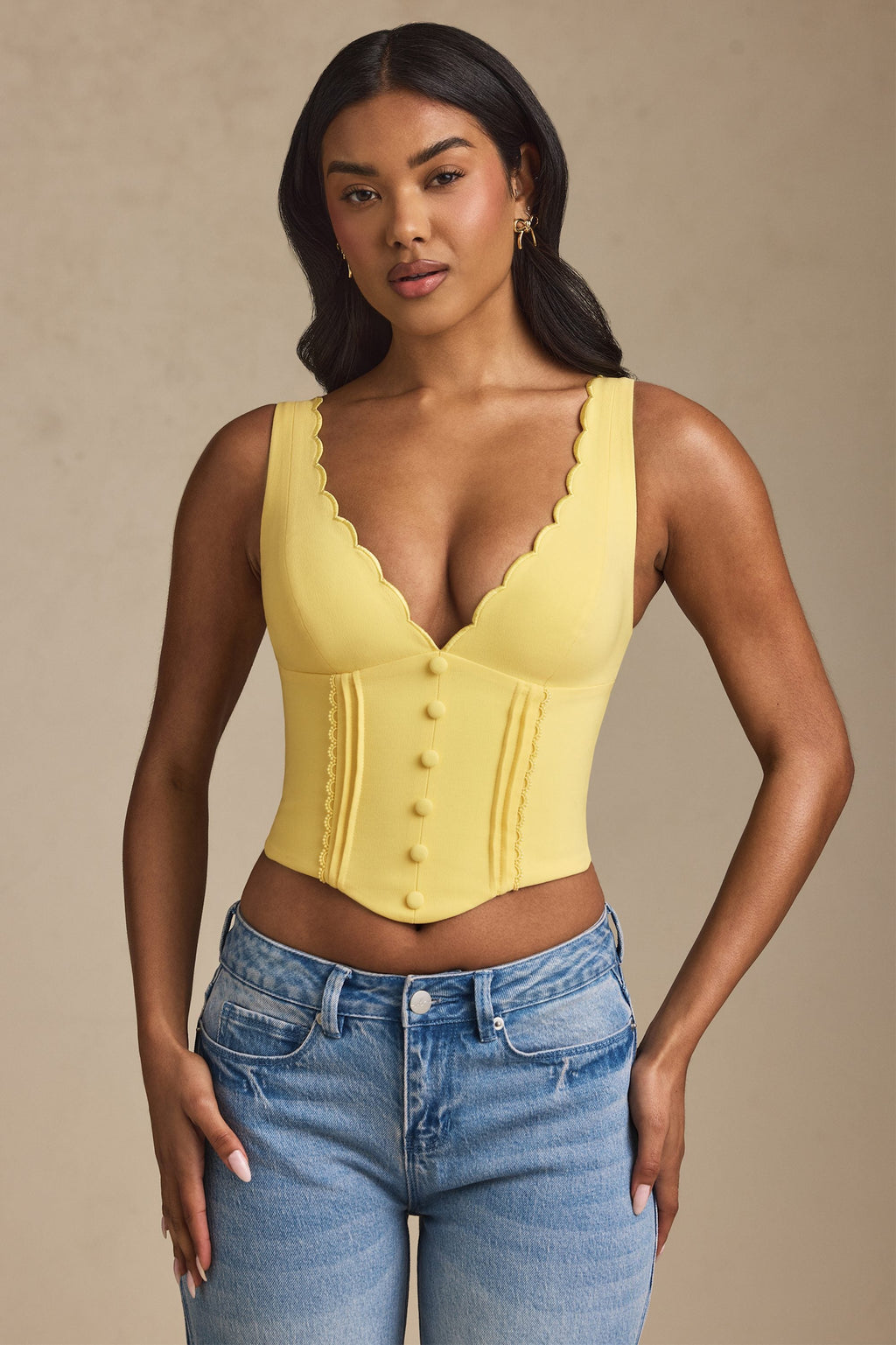 Plunge-Neck Scalloped Corset Top in Pastel Yellow