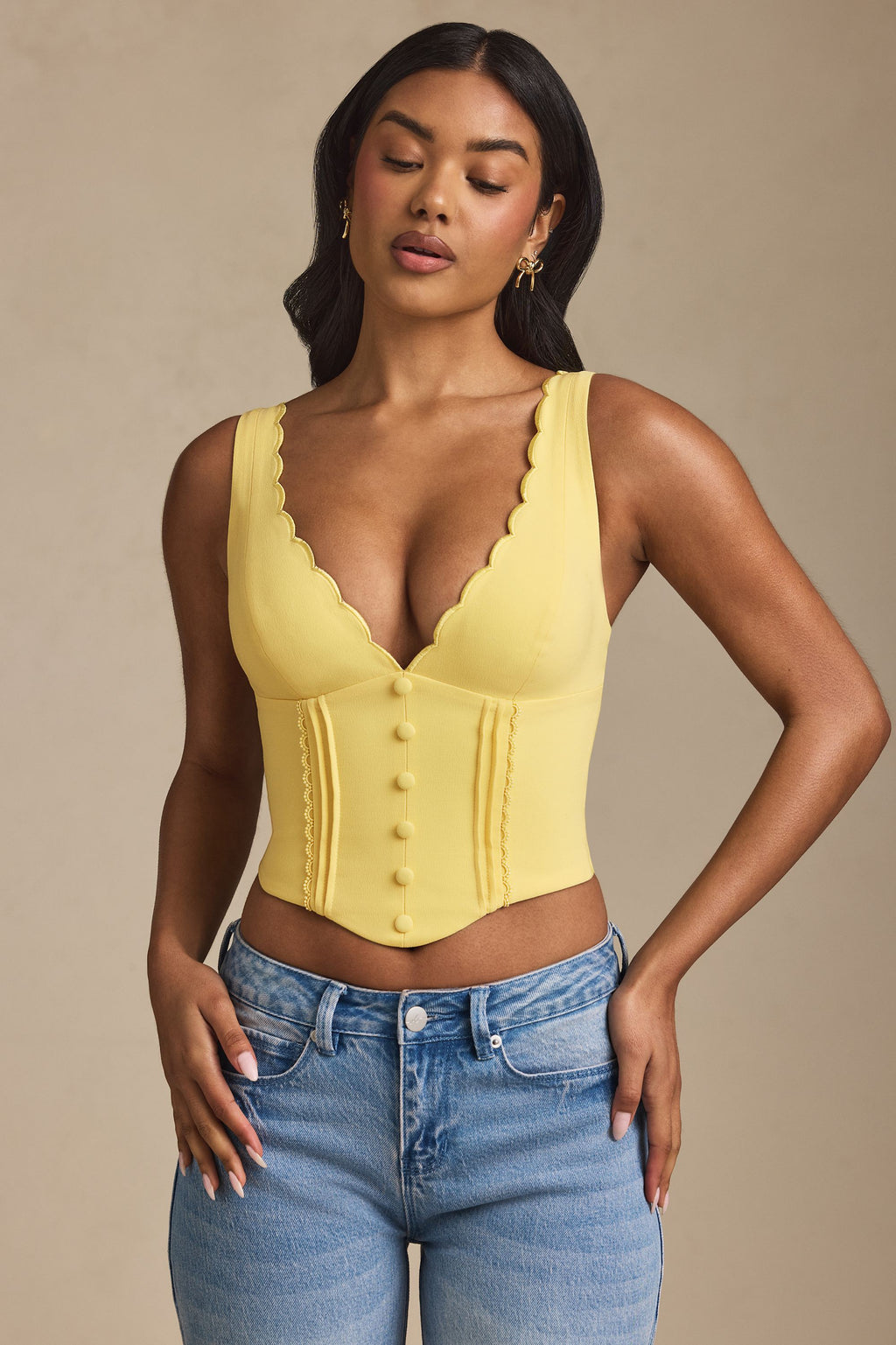 Plunge-Neck Scalloped Corset Top in Pastel Yellow