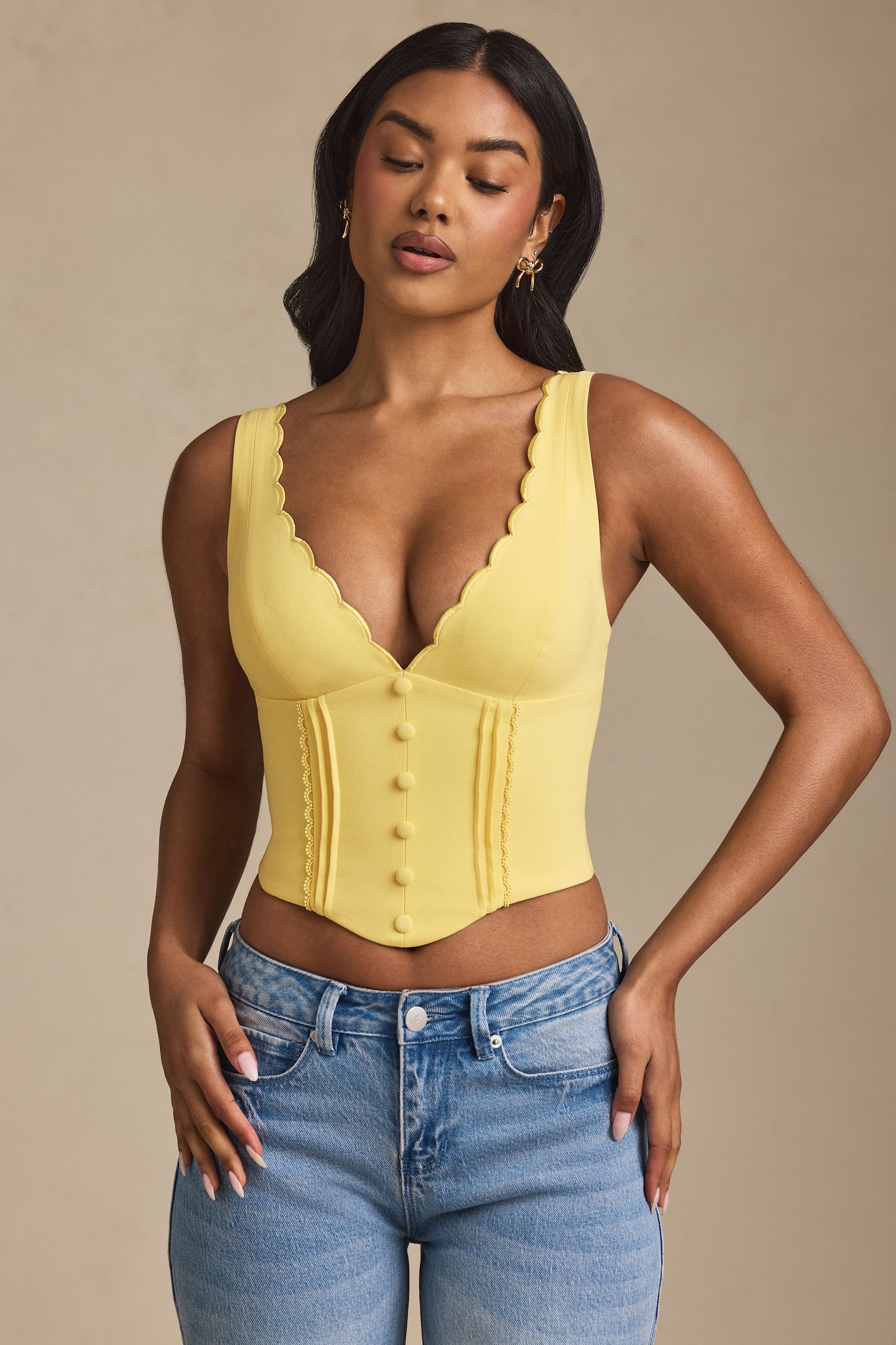 Plunge-Neck Scalloped Corset Top in Pastel Yellow
