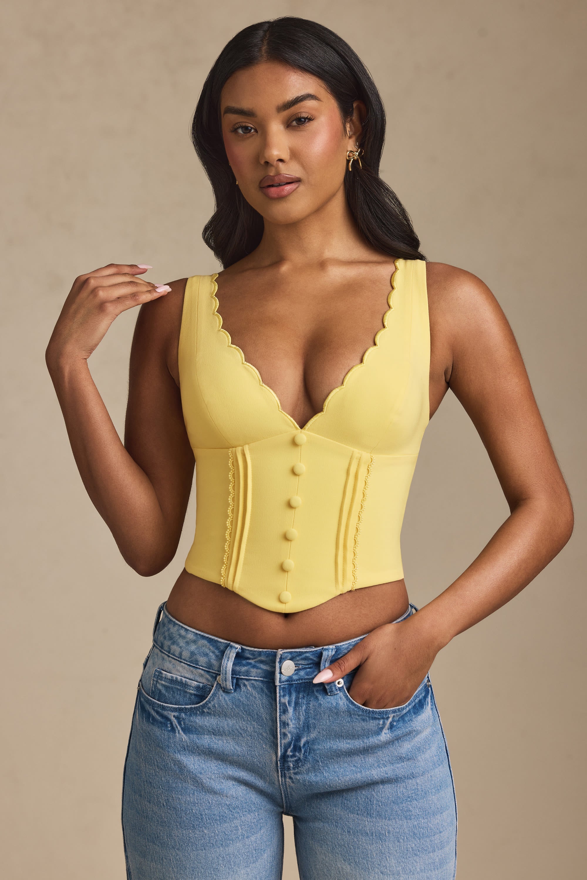 Plunge-Neck Scalloped Corset Top in Pastel Yellow