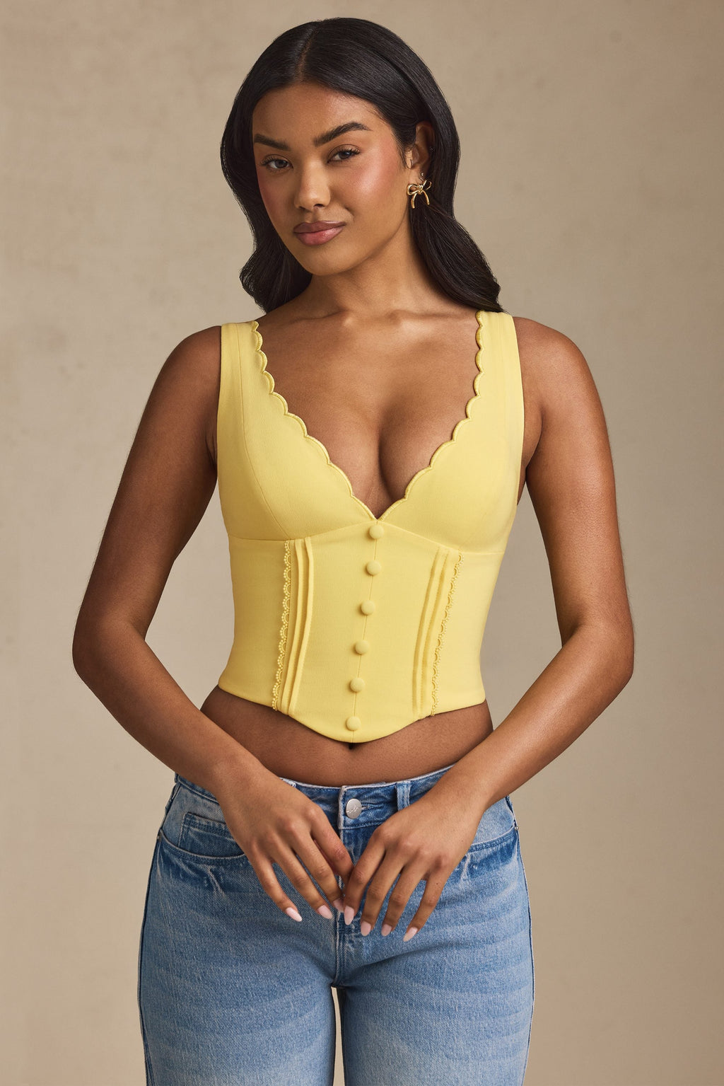 Plunge-Neck Scalloped Corset Top in Pastel Yellow