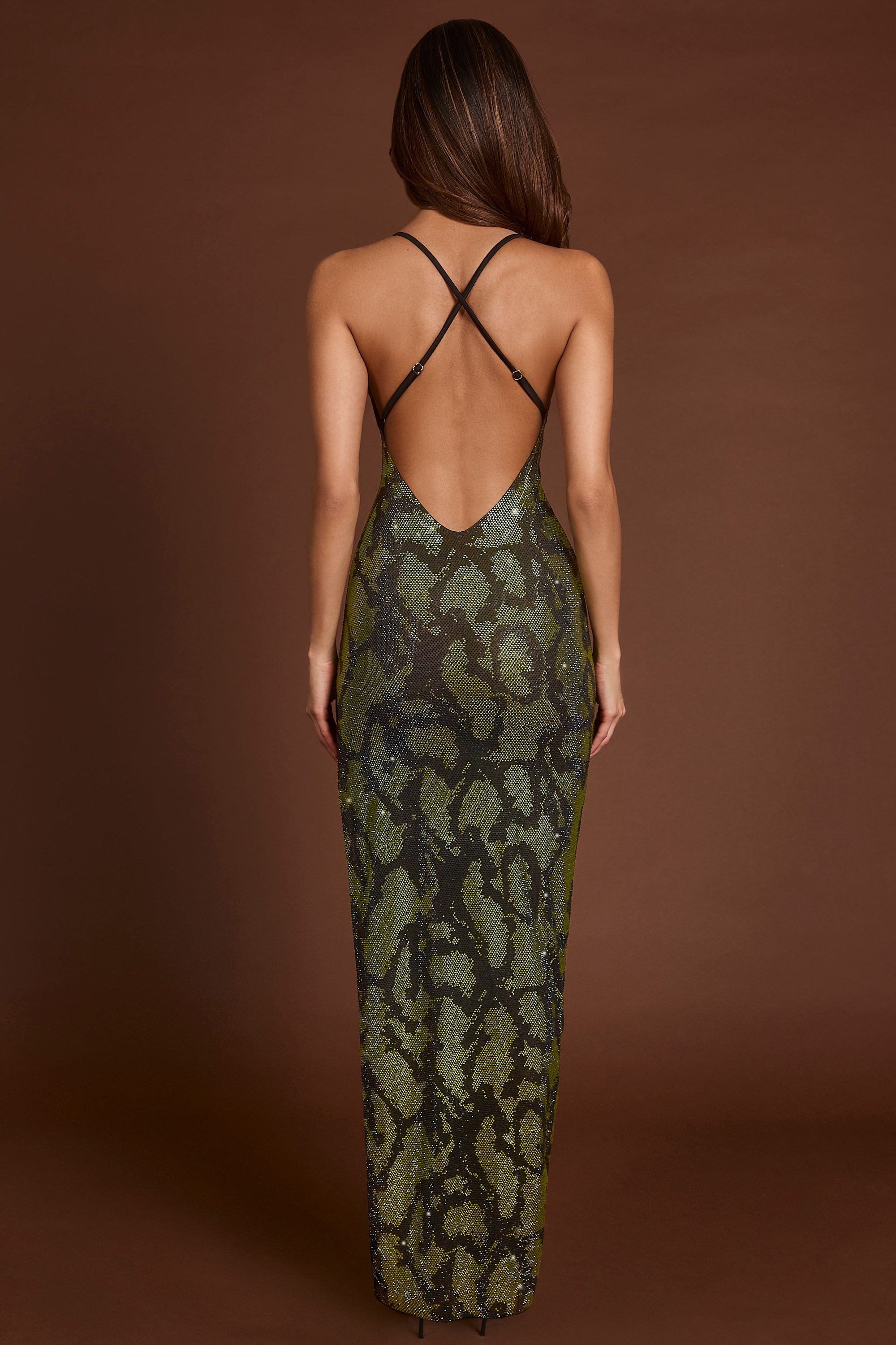 Embellished Halterneck Maxi Dress in Green Snake