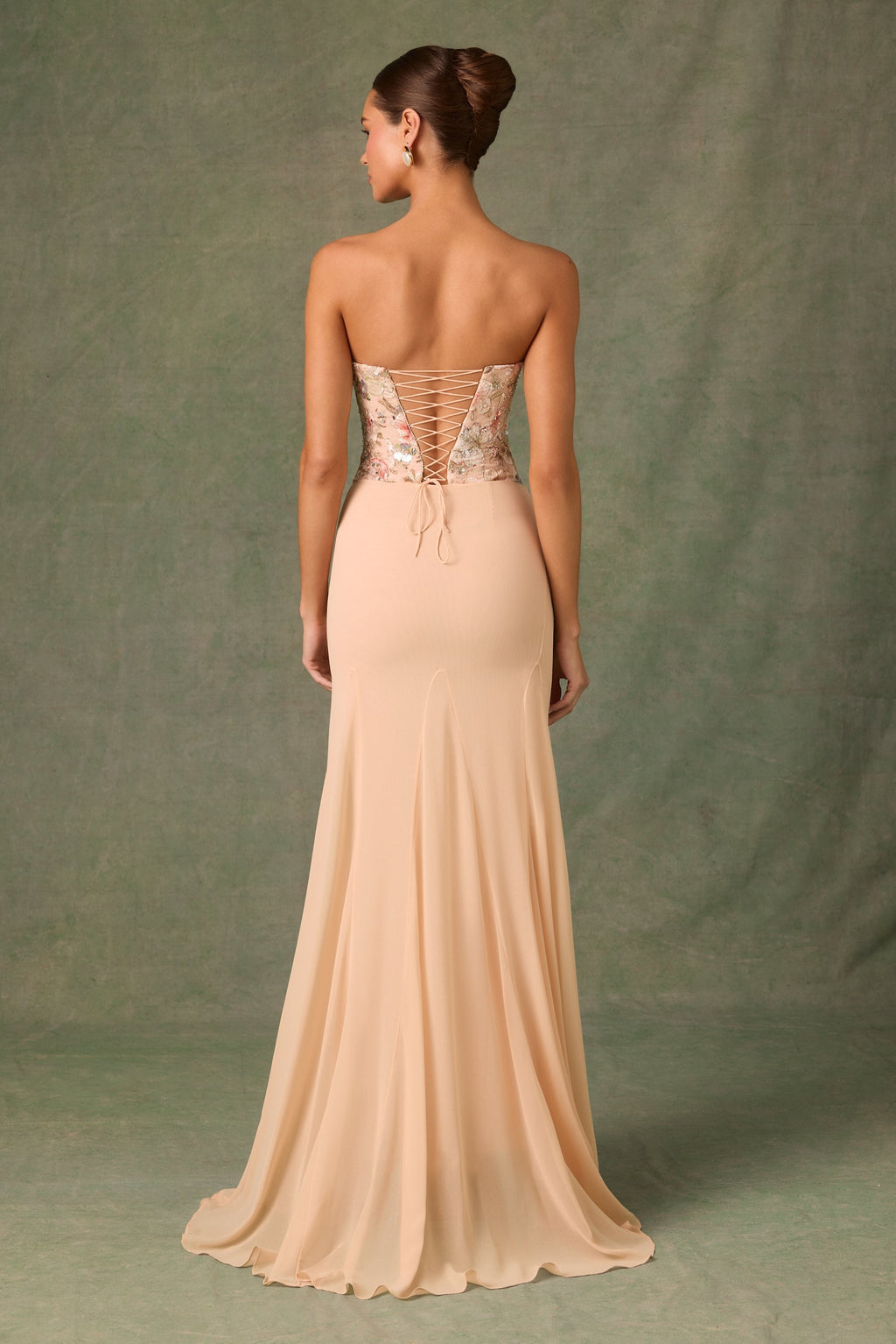 Embellished Corset Fishtail Gown in Floral Beige