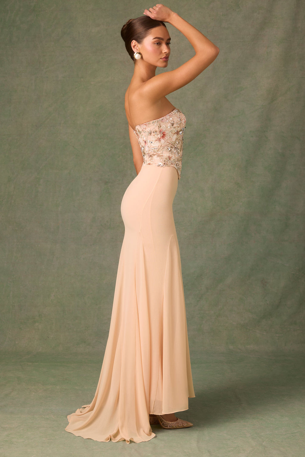 Embellished Corset Fishtail Gown in Floral Beige