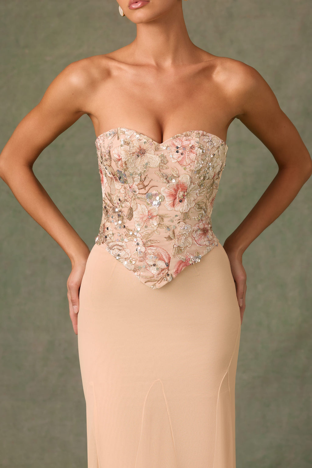 Embellished Corset Fishtail Gown in Floral Beige