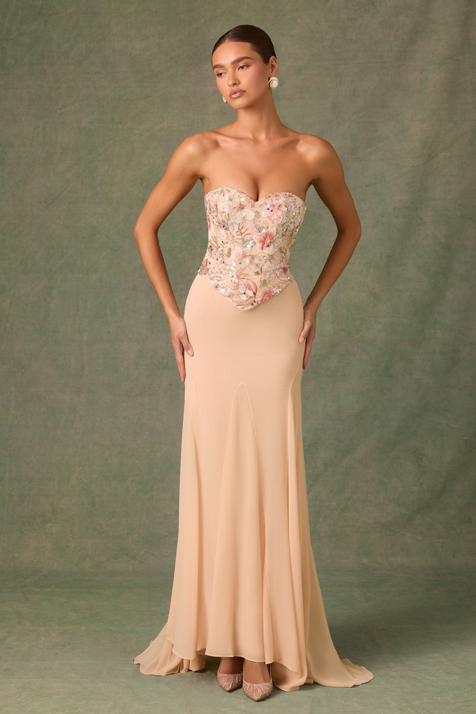 Embellished Corset Fishtail Gown in Floral Beige