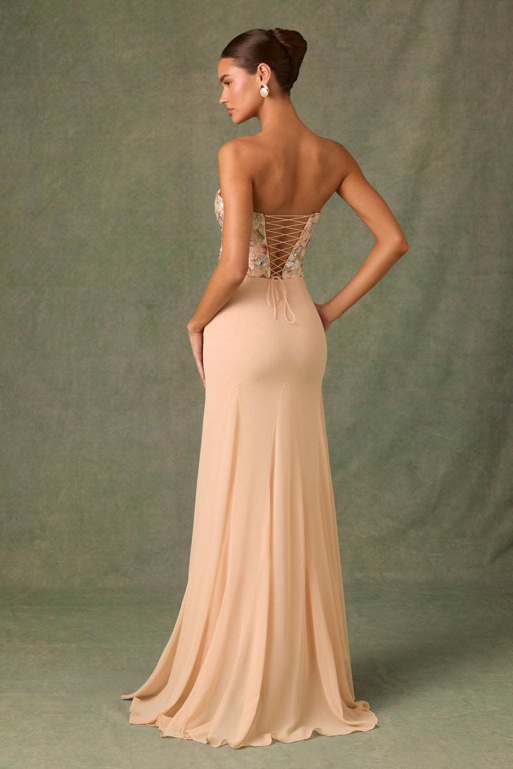 Embellished Corset Fishtail Gown in Floral Beige