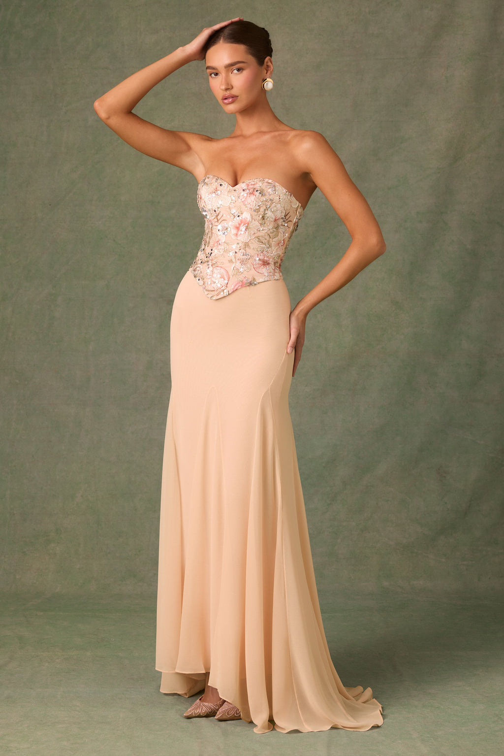 Embellished Corset Fishtail Gown in Floral Beige