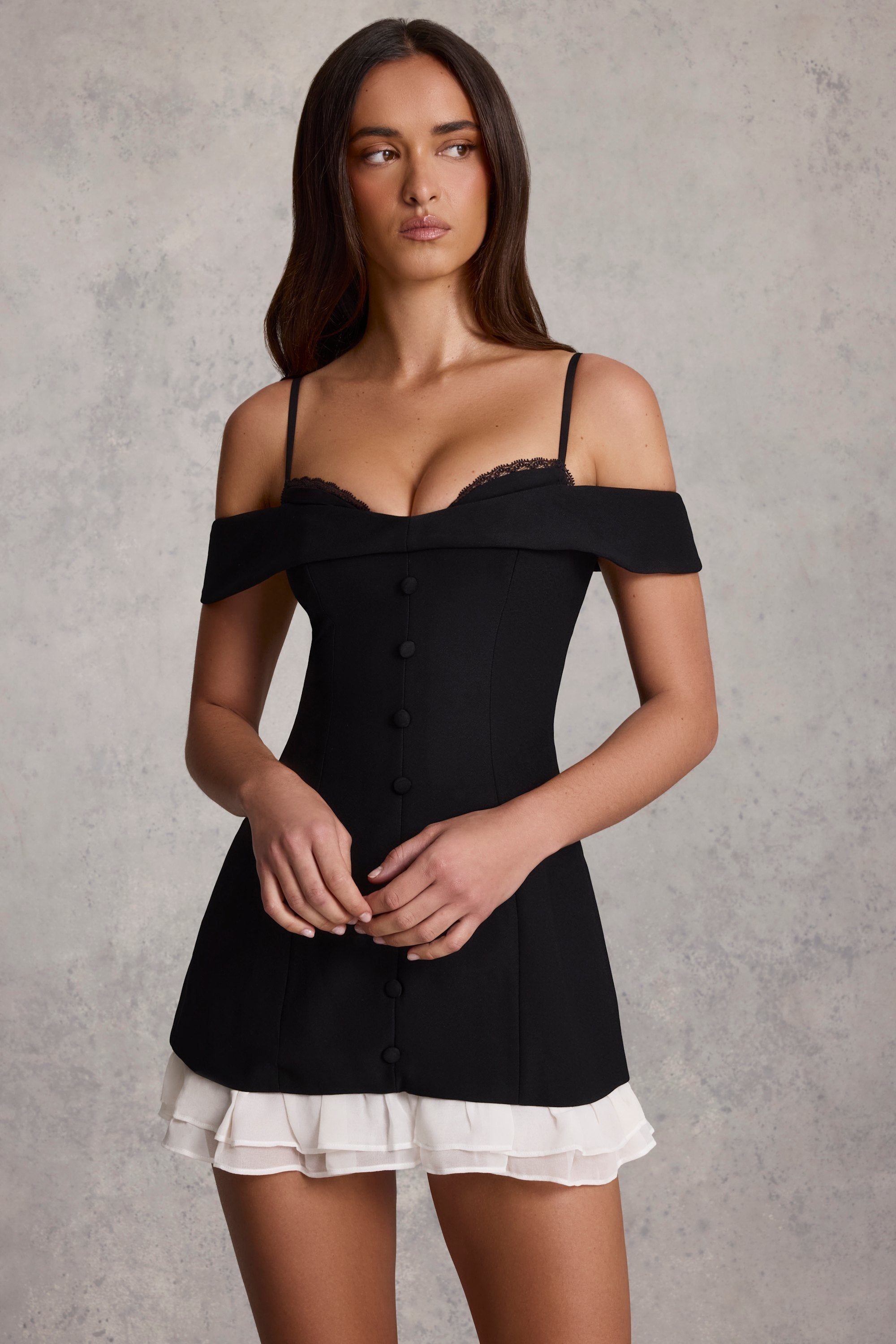 Off-Shoulder Ruffle A-Line Mini Dress in Black