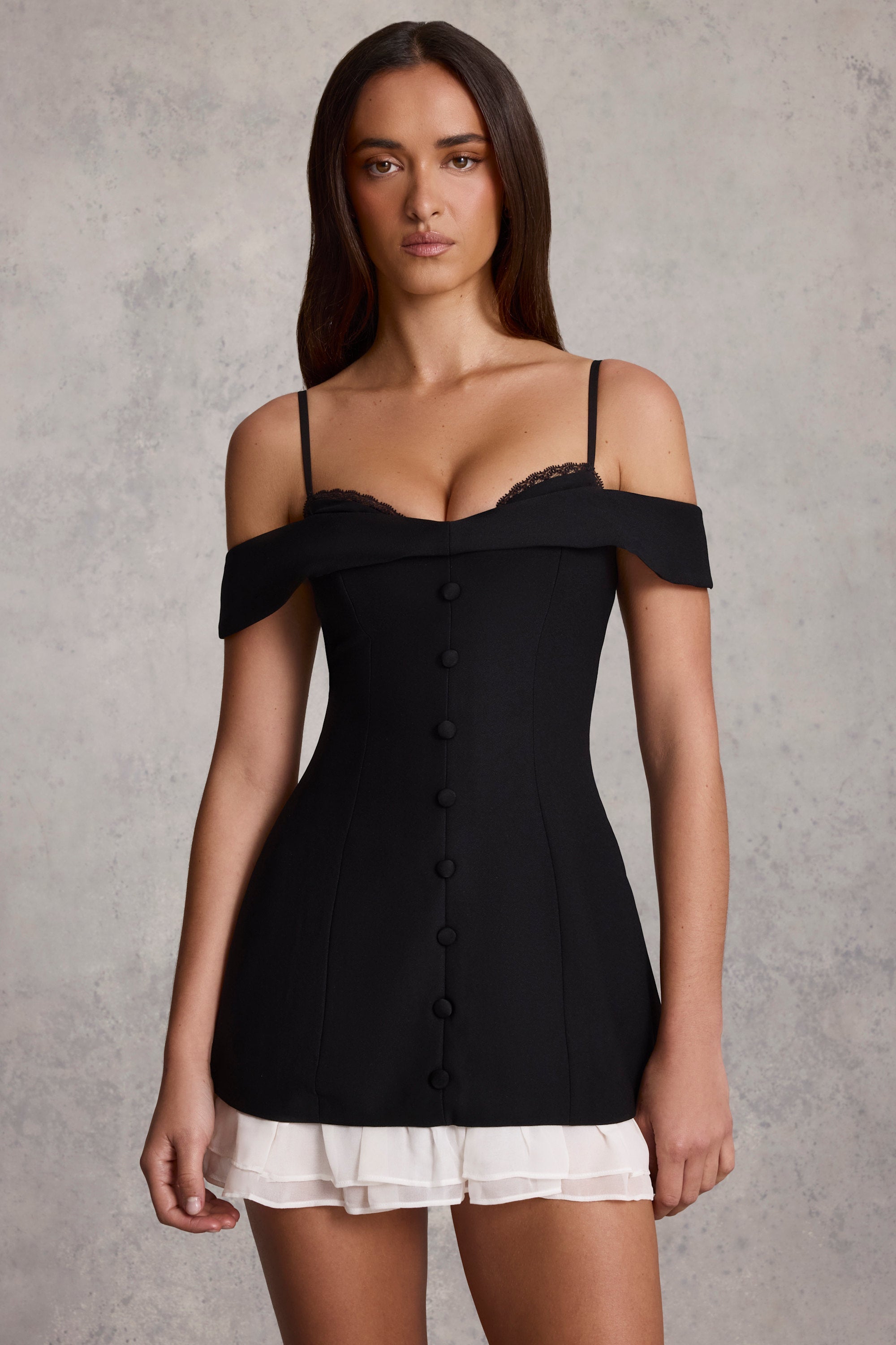 Off-Shoulder Ruffle A-Line Mini Dress in Black