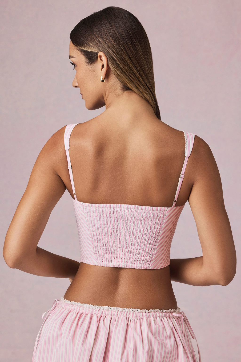 Bow-Detail Crop Top in Soft Mauve Stripe