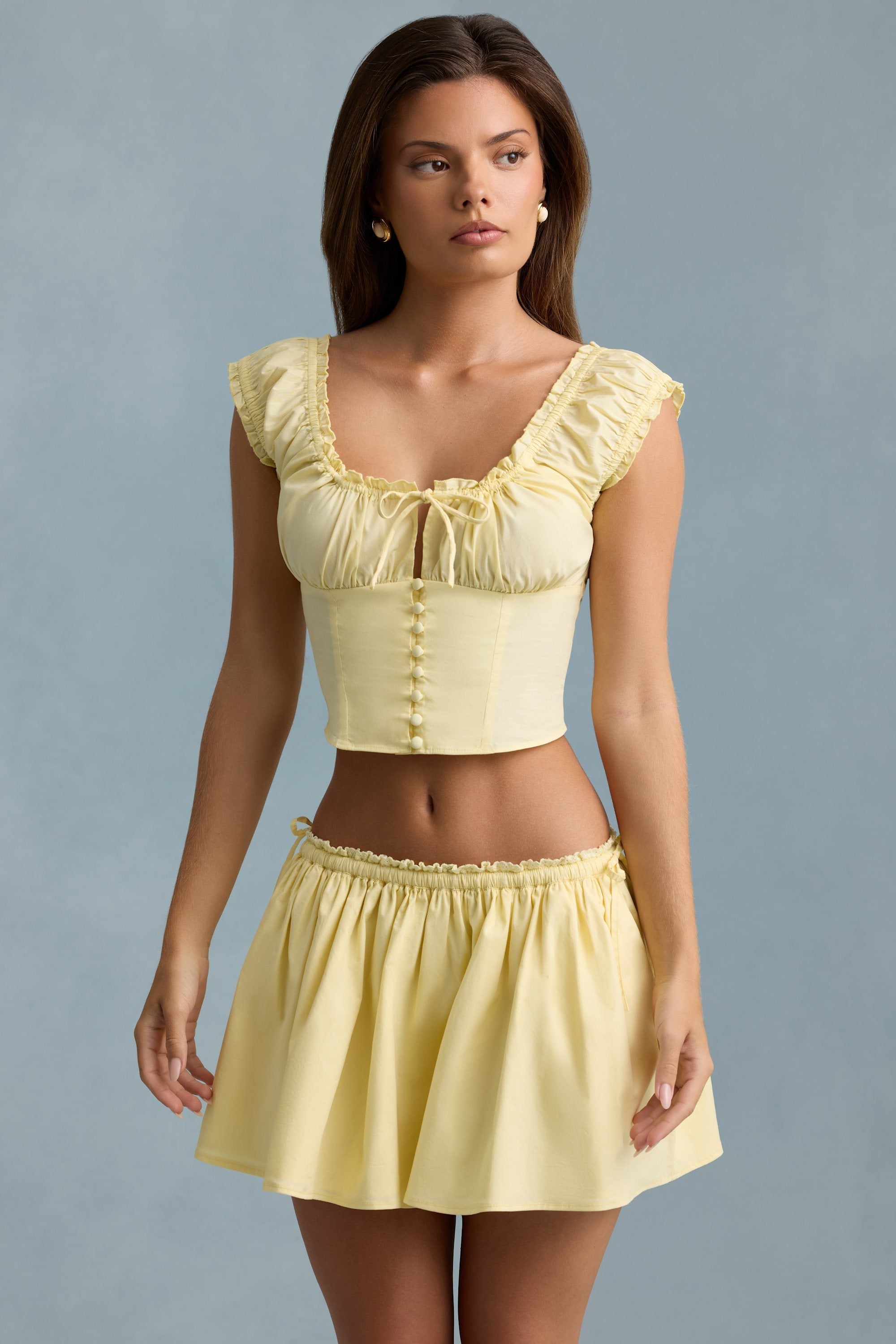 Ruched Cotton-Poplin Mini Skirt in Lemon Yellow