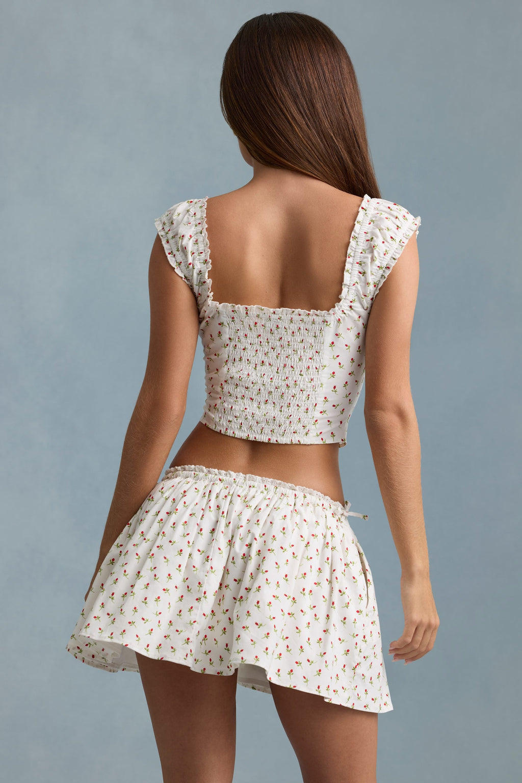 Ruched Cotton-Poplin Mini Skirt in Rose Print