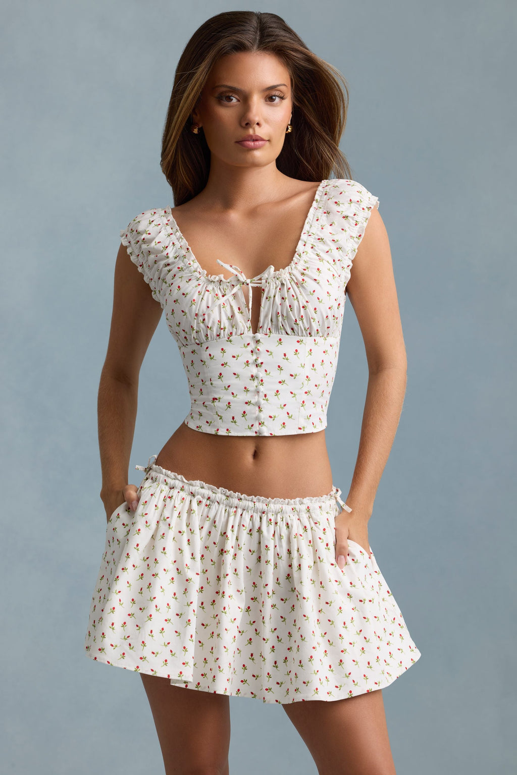 Ruched Cotton-Poplin Mini Skirt in Rose Print