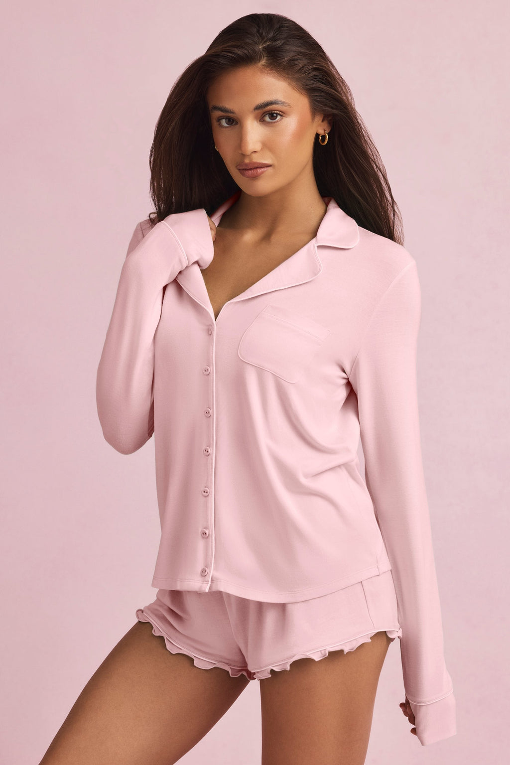 Modal Ruffle-Trim Pyjama Shorts in Baby Pink