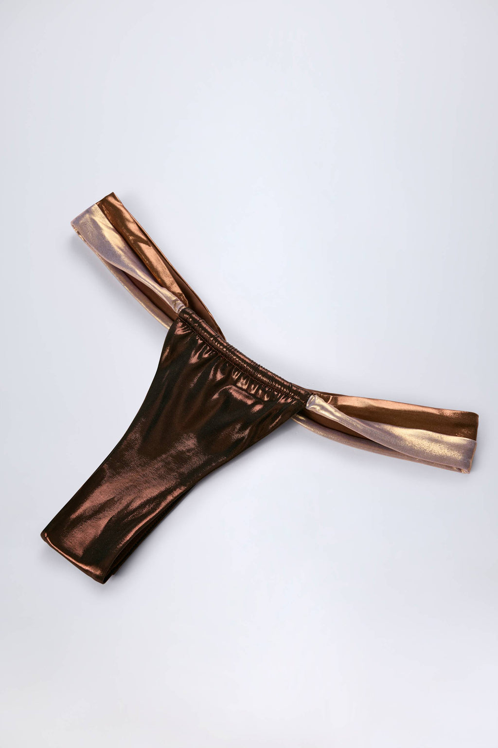 Ruched Thong Bikini Bottoms in Bronze Gold