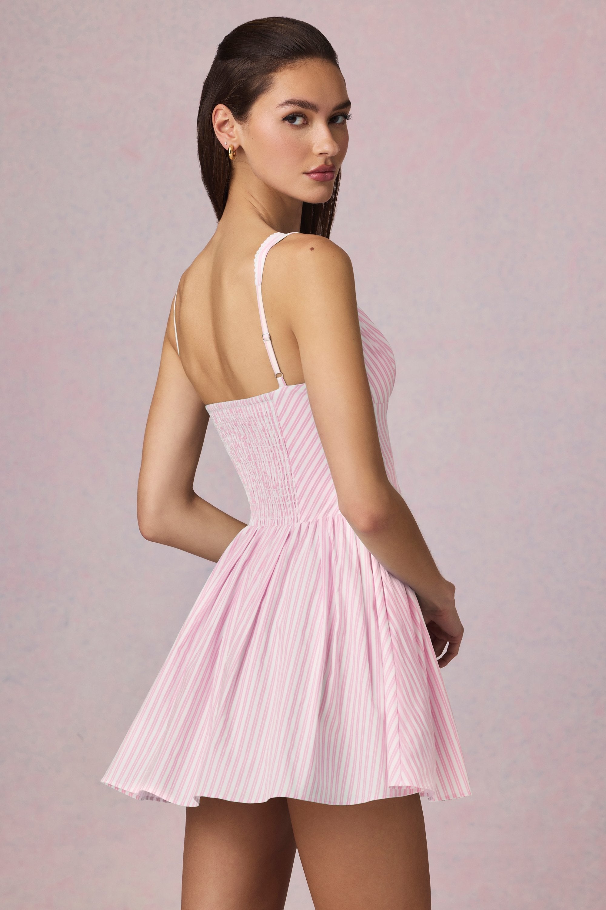 Bow-Detail A-Line Mini Dress in Soft Mauve Stripe