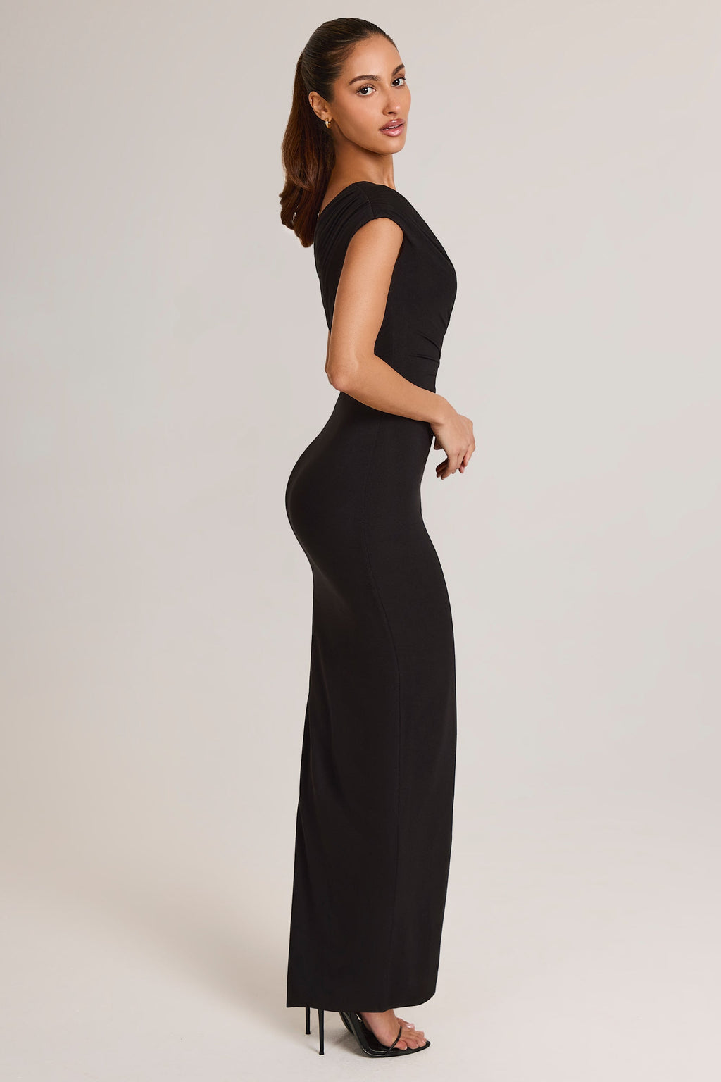 Modal Asymmetric Ruched Maxi Dress in Black