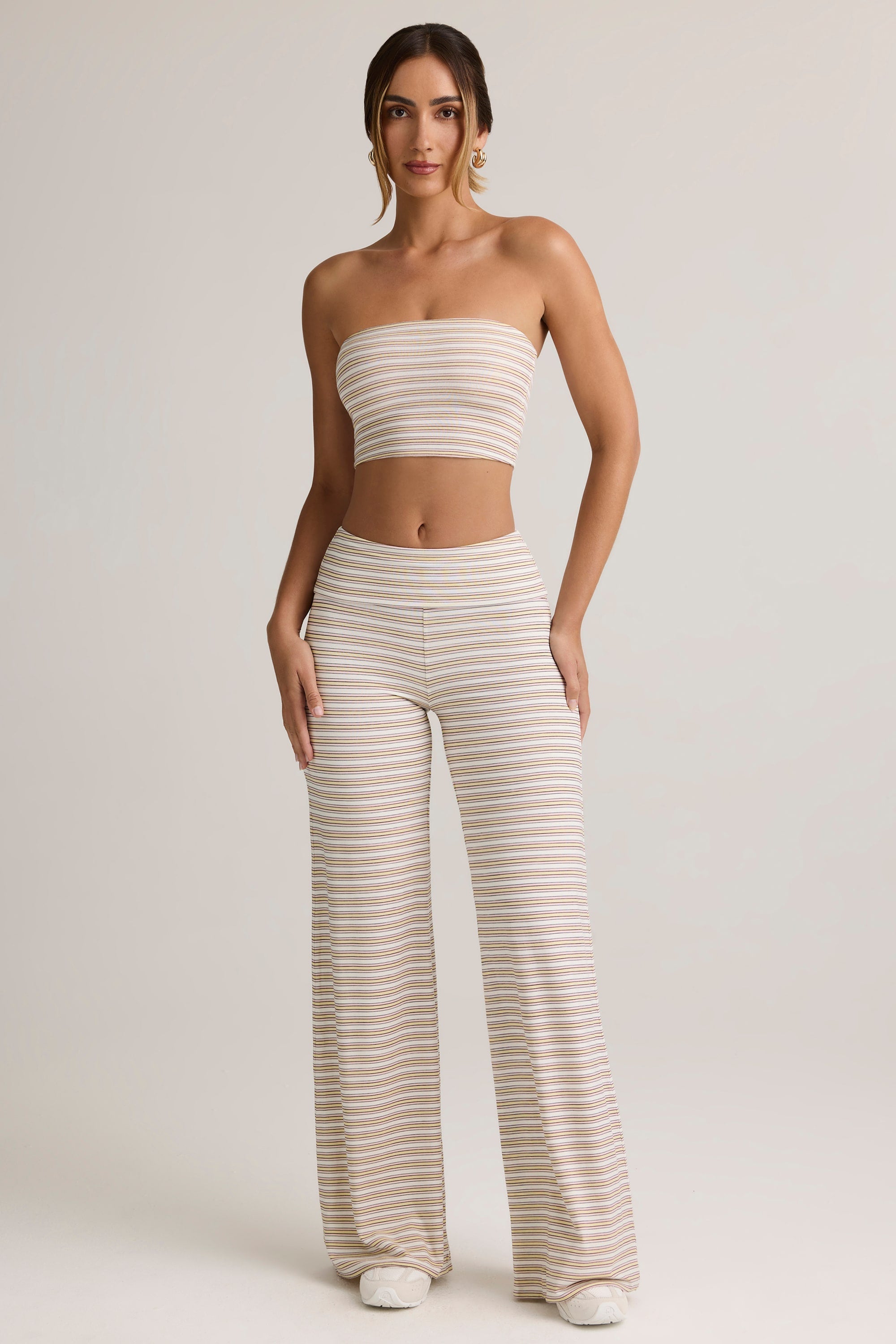 Modal Foldover Wide-Leg Trousers in Pink & Yellow Stripe