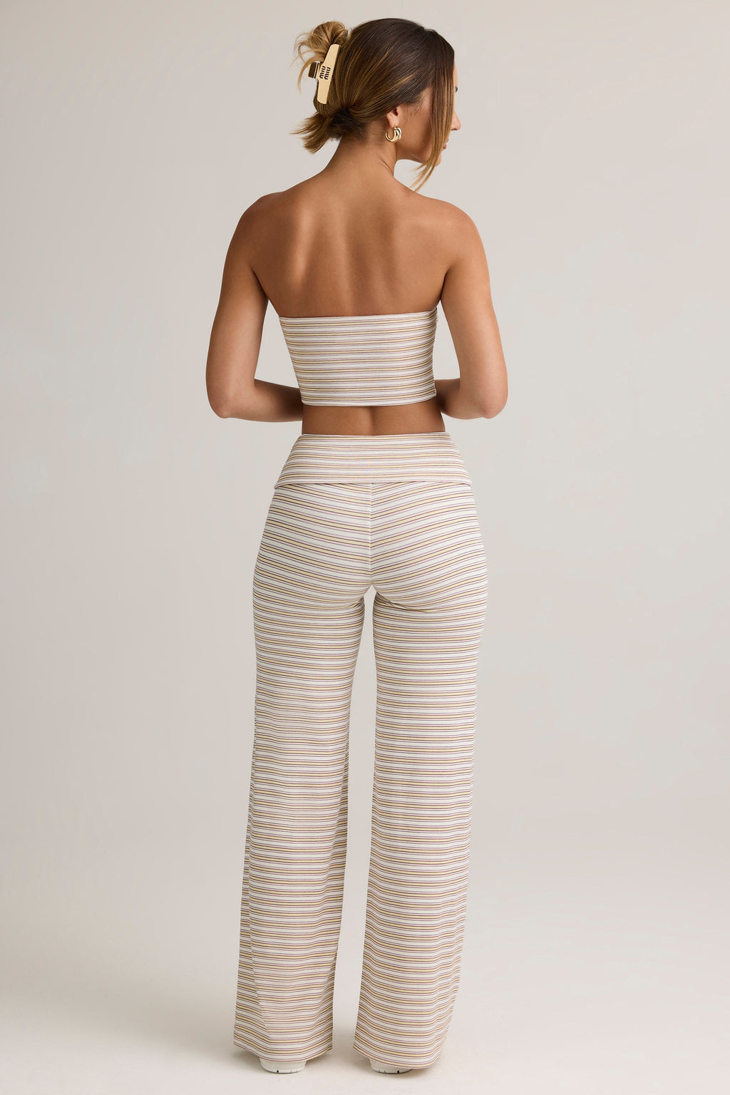 Modal Foldover Wide-Leg Trousers in Pink & Yellow Stripe