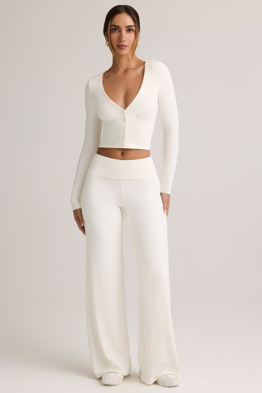 Modal Foldover Wide-Leg Trousers in White