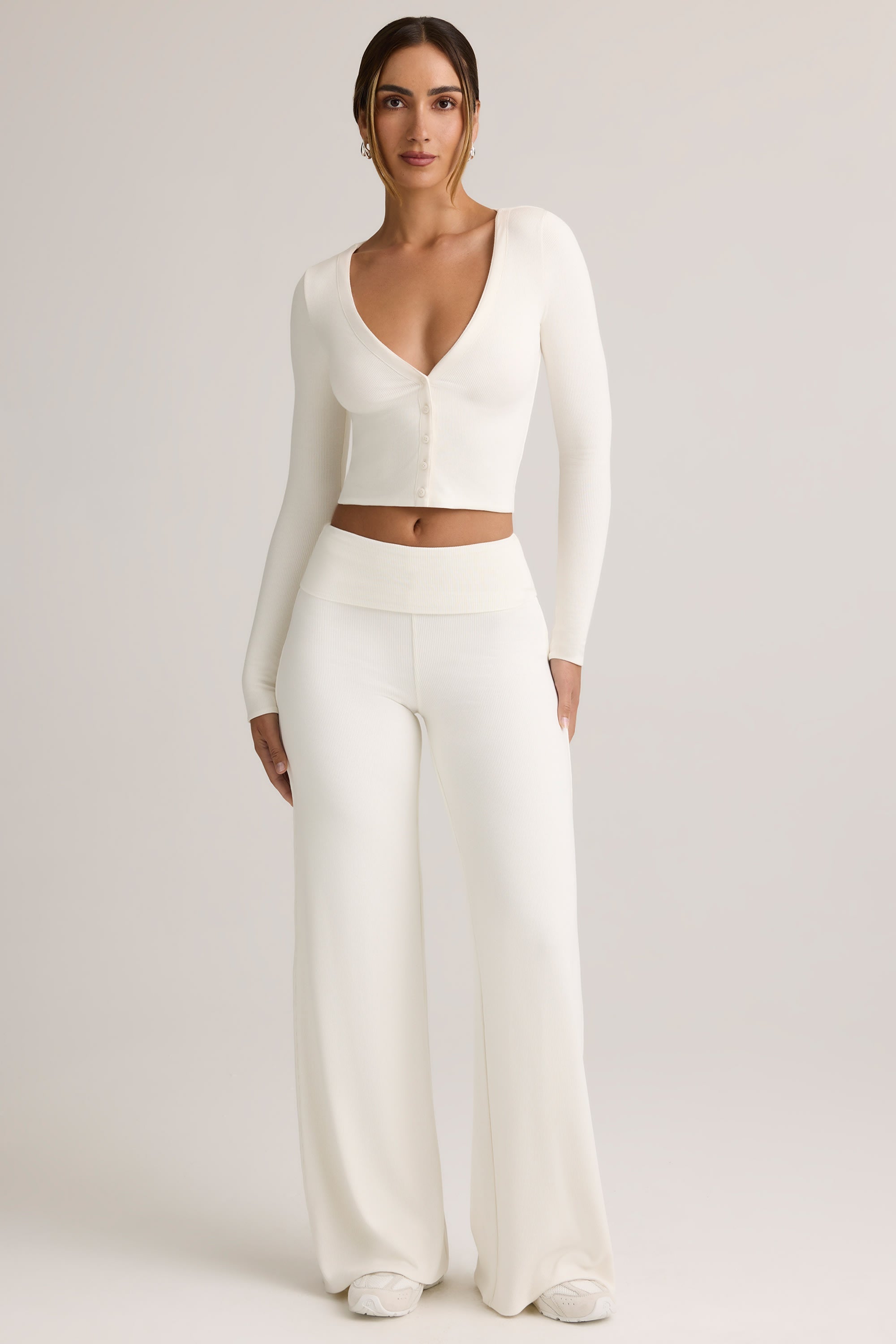 Modal Foldover Wide-Leg Trousers in White