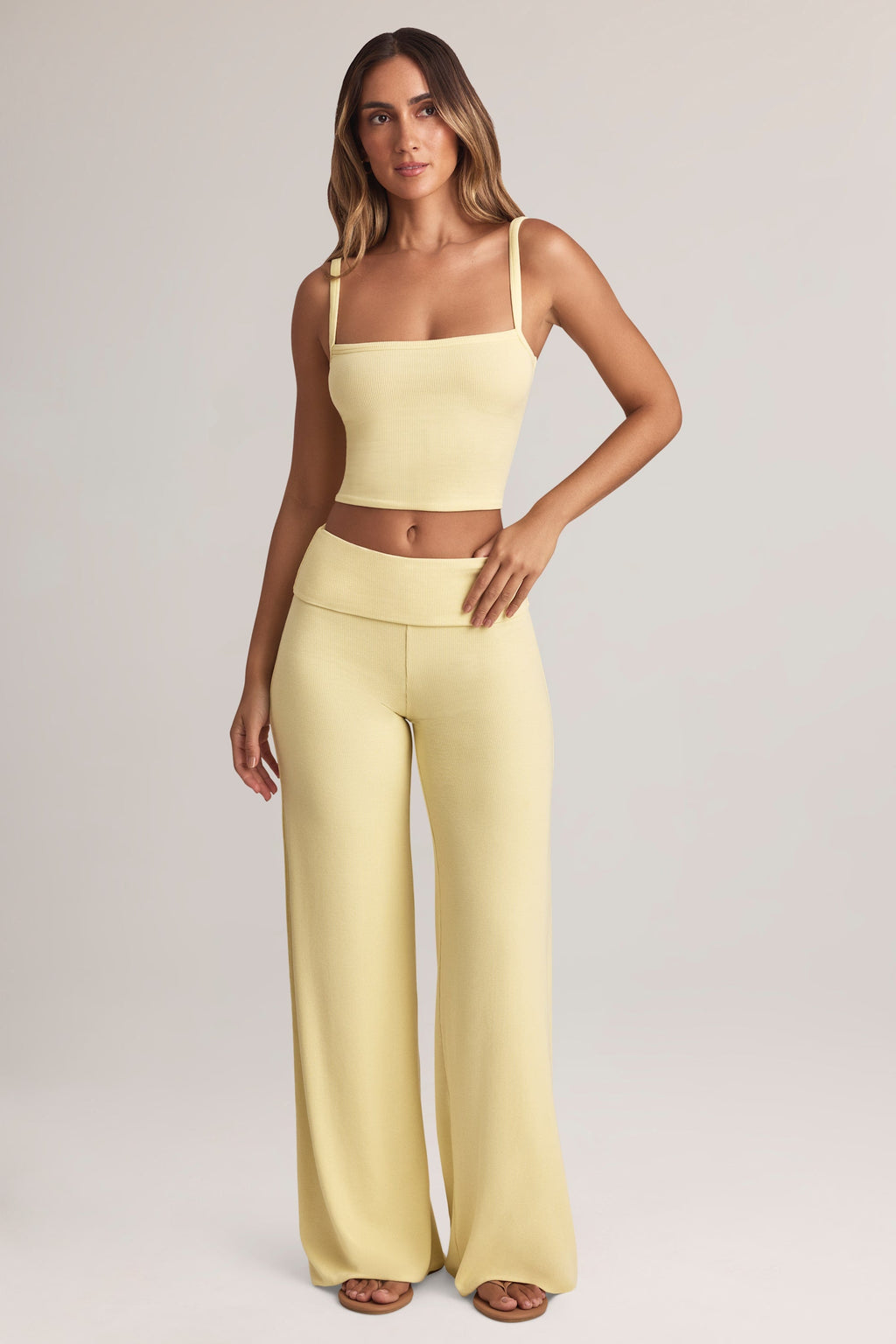 Modal Foldover Wide-Leg Trousers in Lemon Sherbet