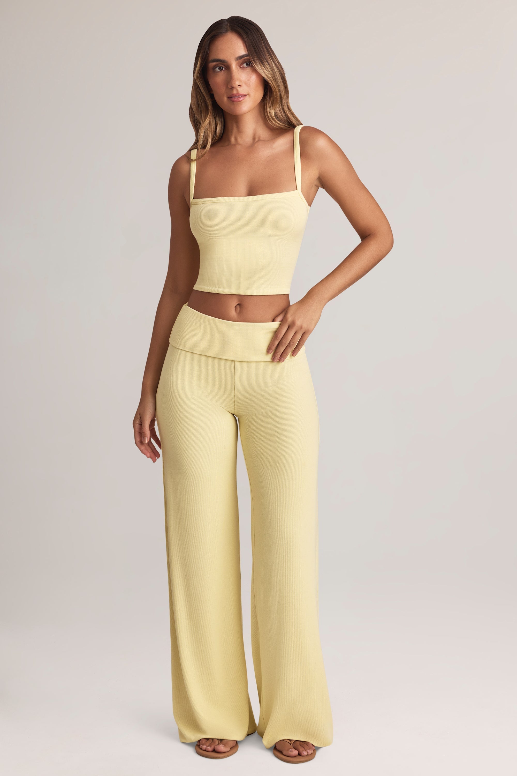 Modal Foldover Wide-Leg Trousers in Lemon Sherbet