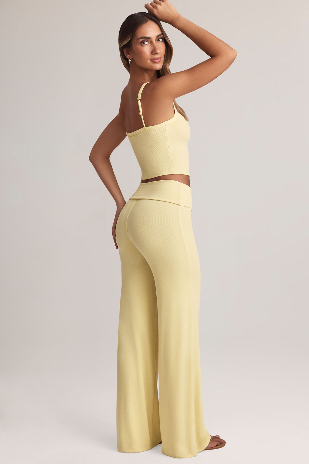 Modal Foldover Wide-Leg Trousers in Lemon Sherbet