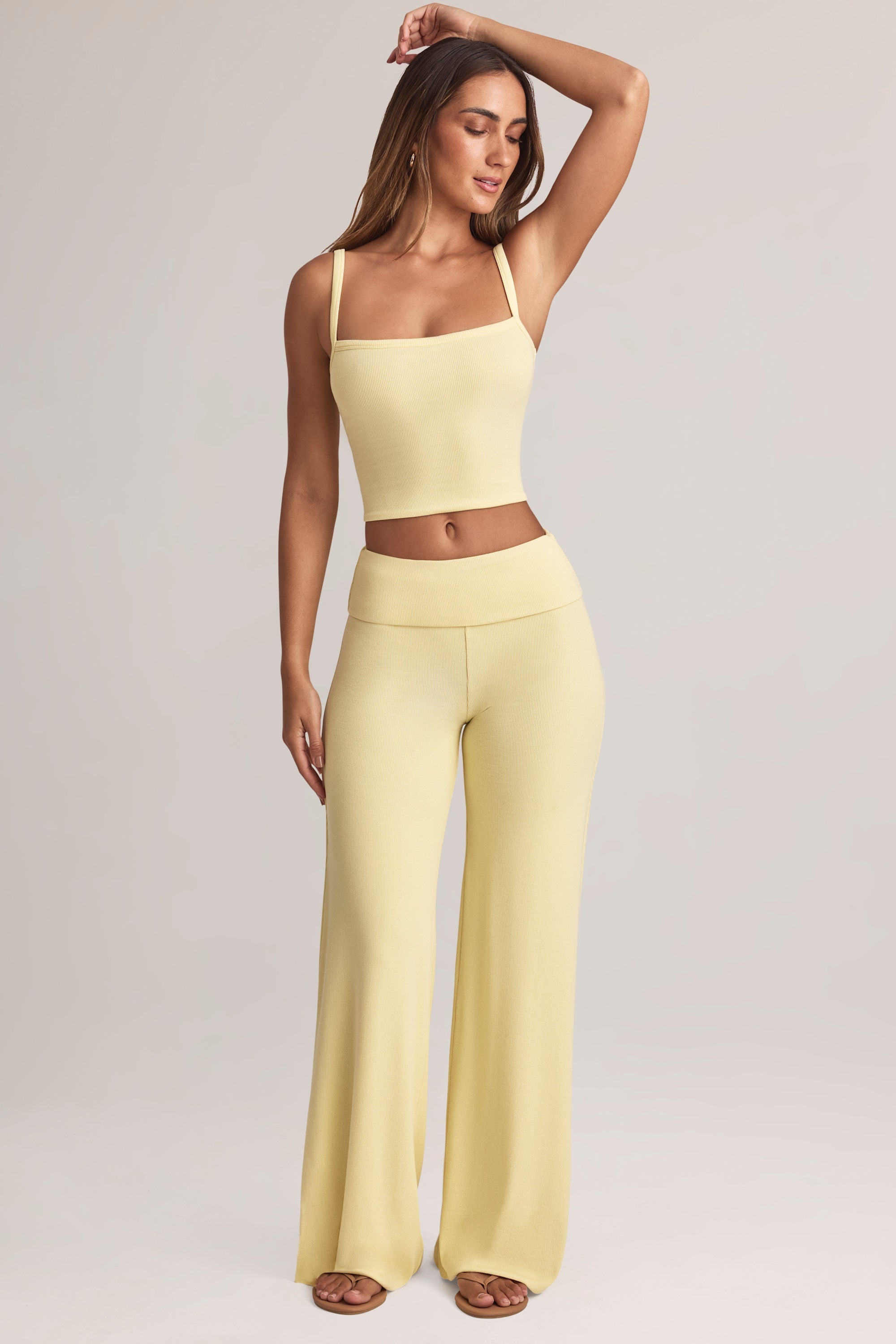 Modal Foldover Wide-Leg Trousers in Lemon Sherbet