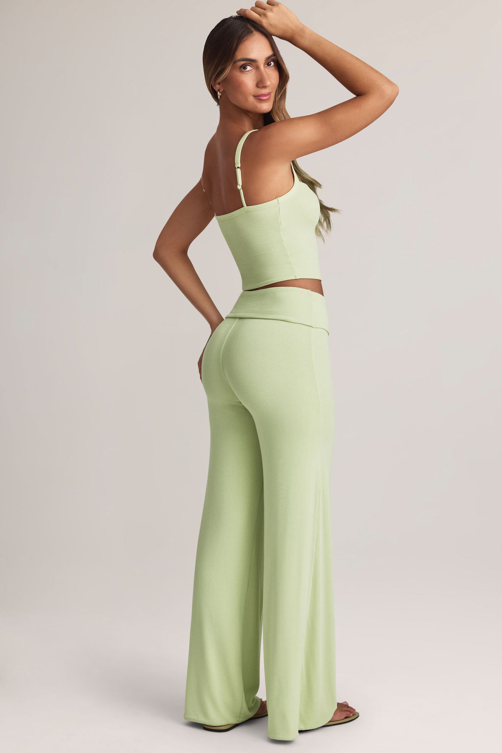 Modal Foldover Wide-Leg Trousers in Sage Green