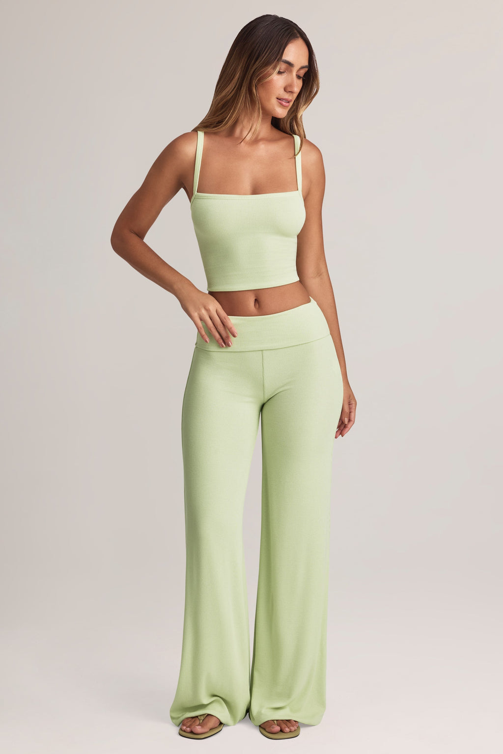 Modal Foldover Wide-Leg Trousers in Sage Green