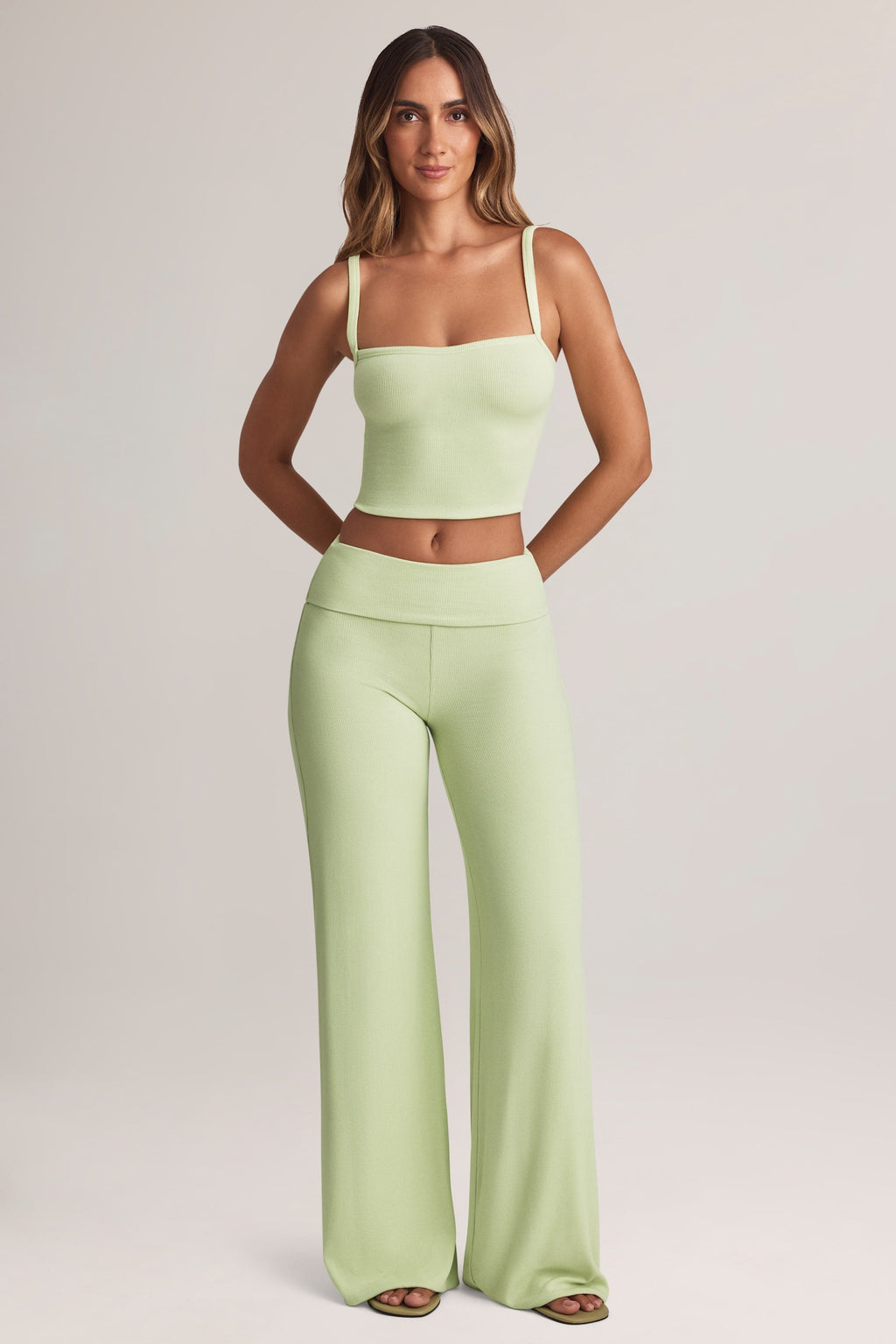 Modal Foldover Wide-Leg Trousers in Sage Green