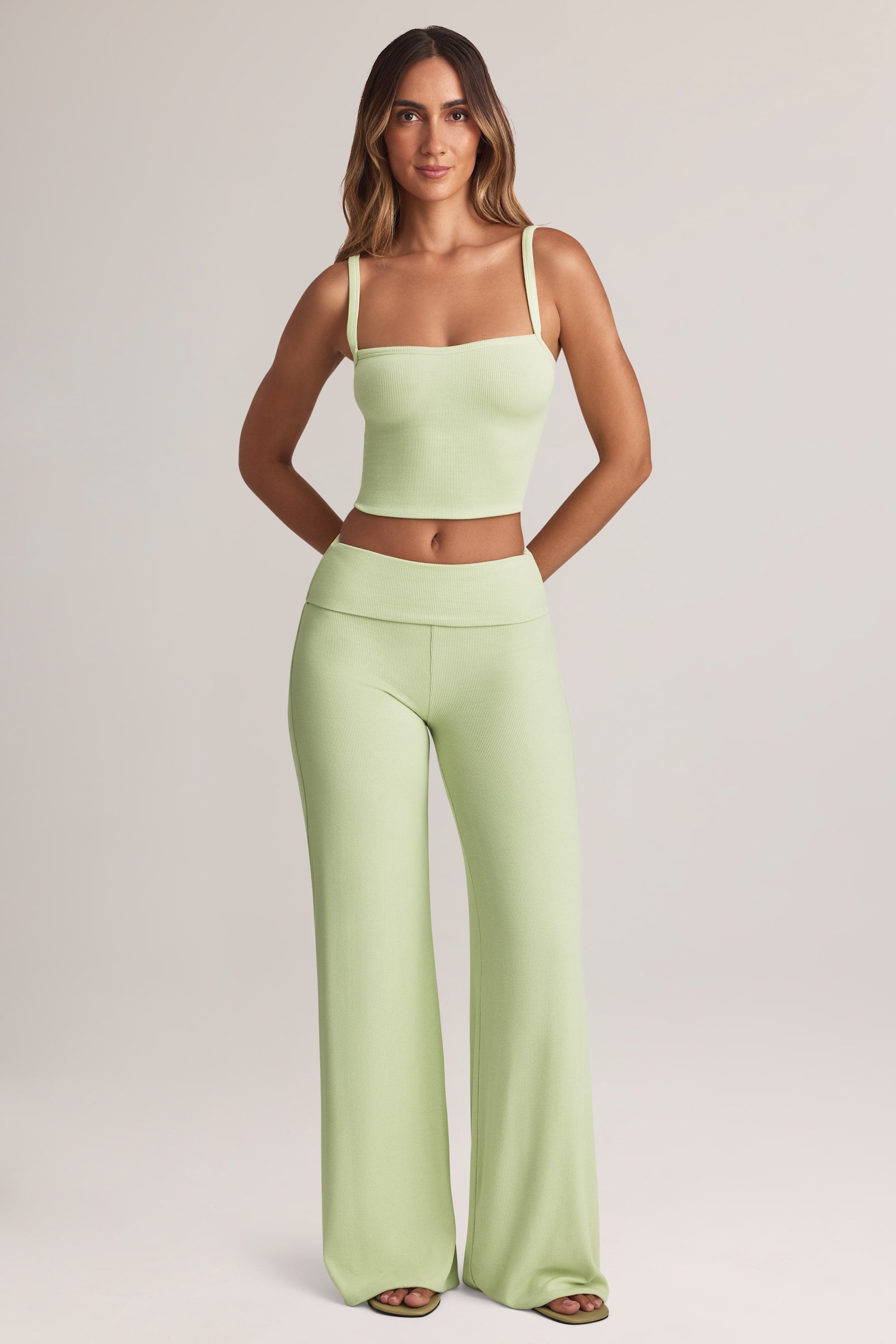 Modal Foldover Wide-Leg Trousers in Sage Green