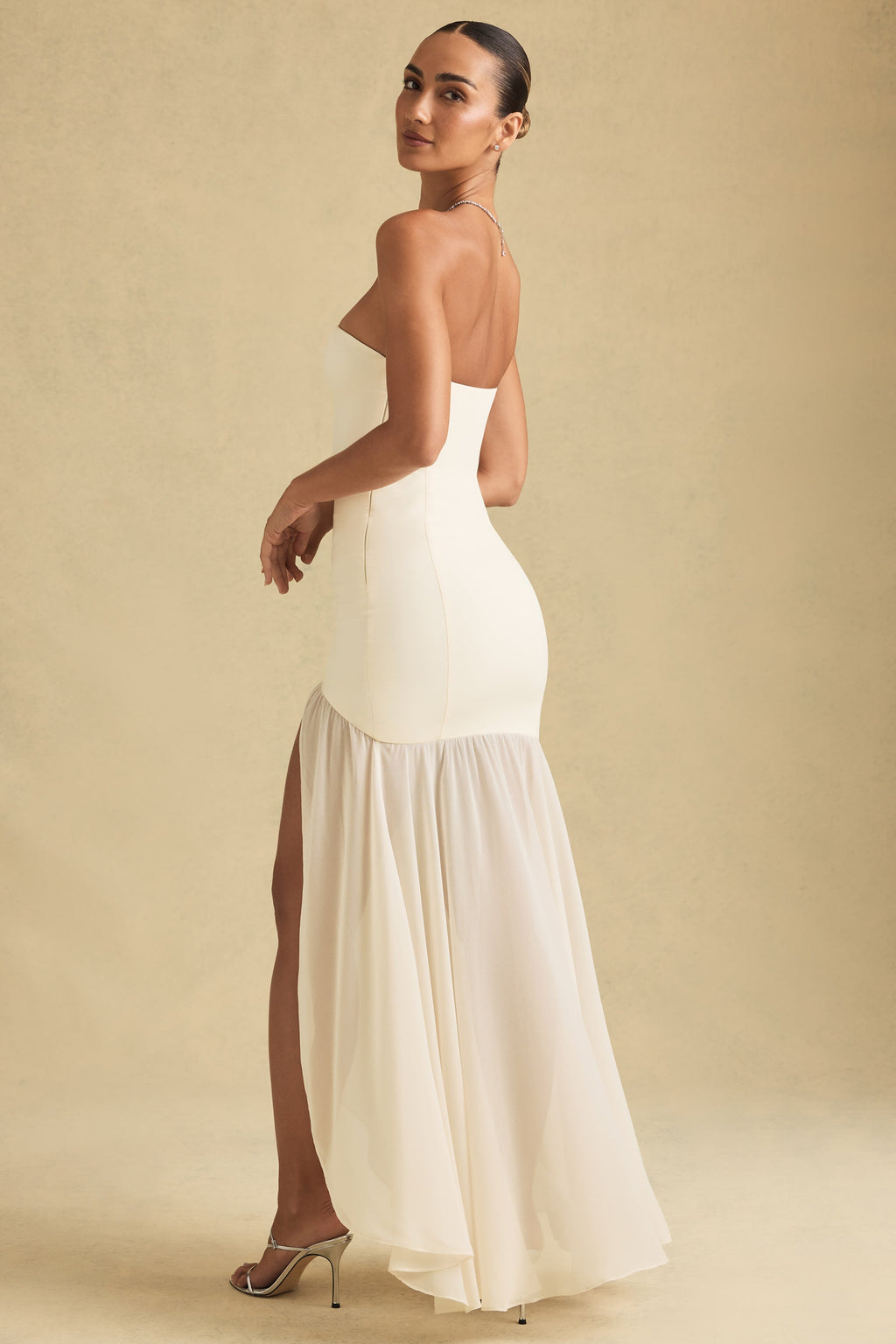 Asymmetric Strapless Fishtail Maxi Dress in Ivory