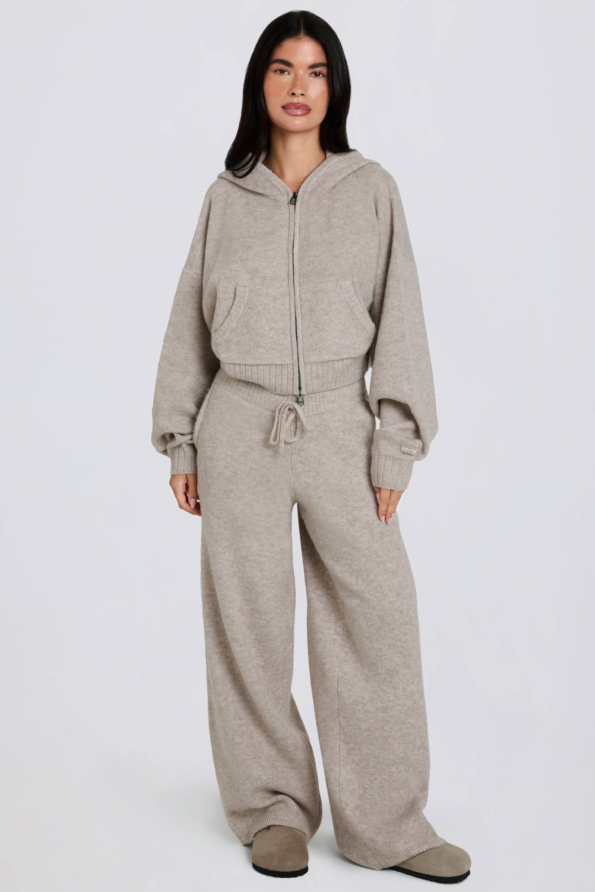 Knit Mid-Rise Wide-Leg Joggers in Beige