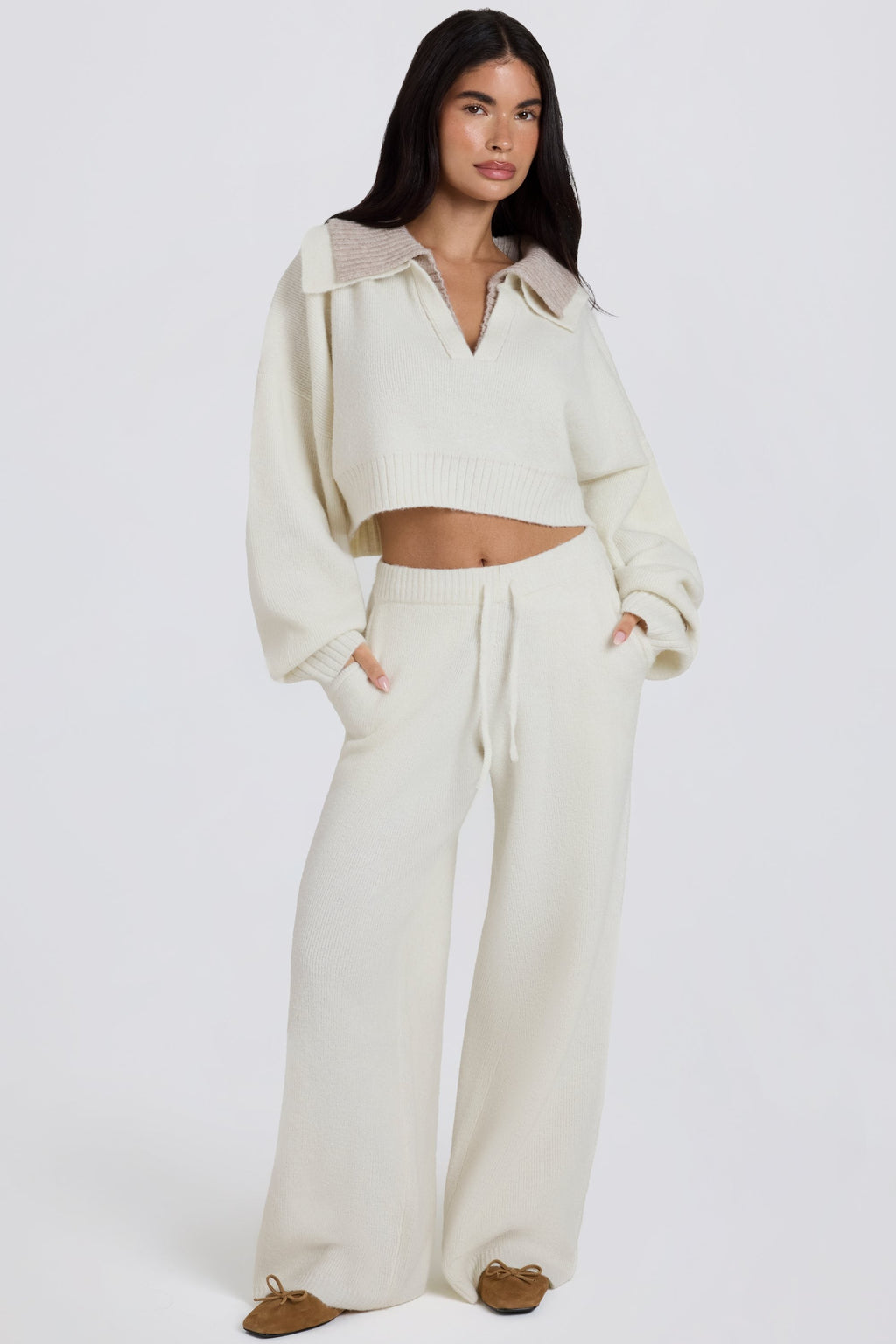 Knit Mid-Rise Wide-Leg Joggers in Ivory