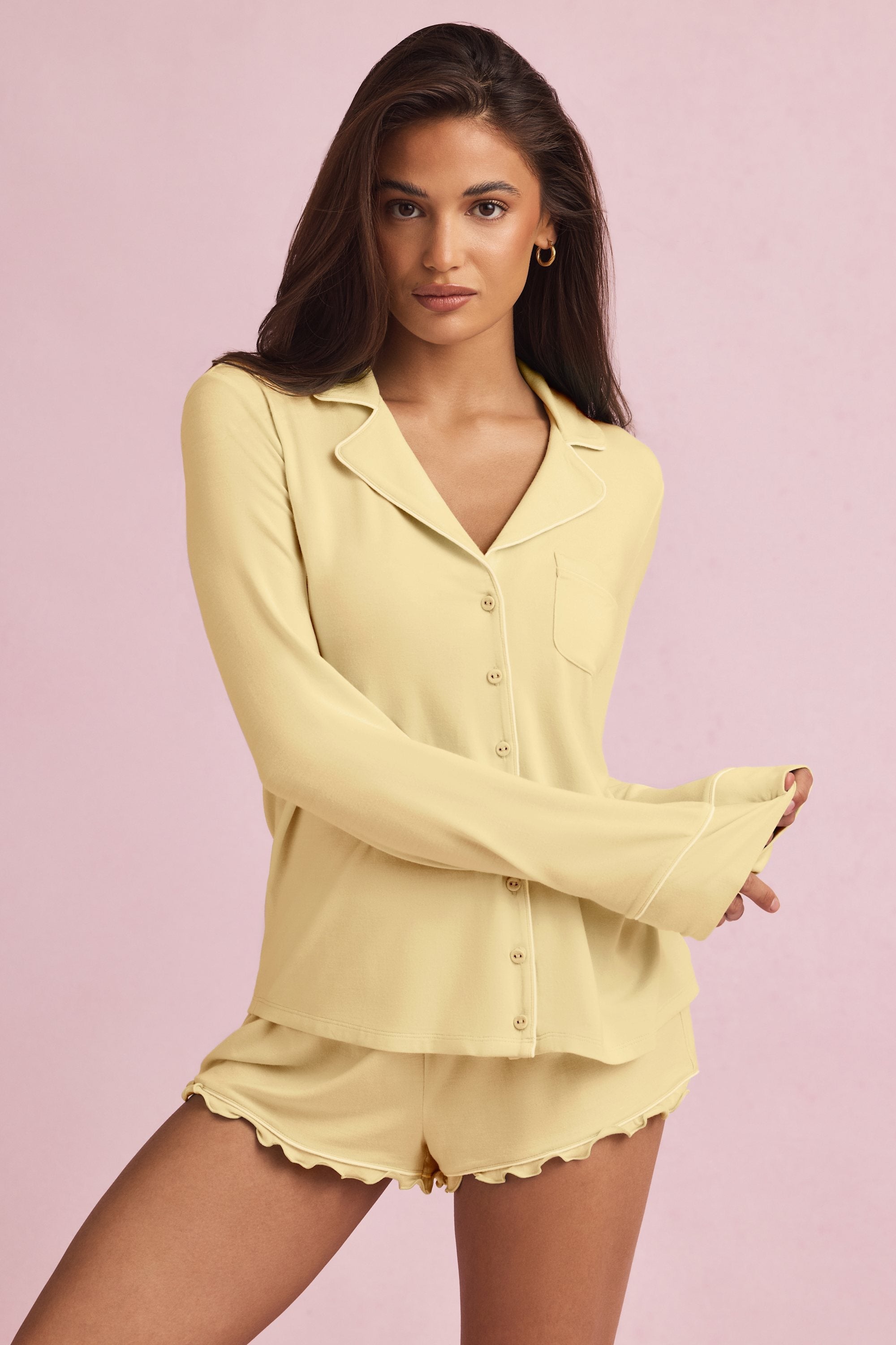 Modal Long-Sleeve Pyjama Top in Pastel Yellow