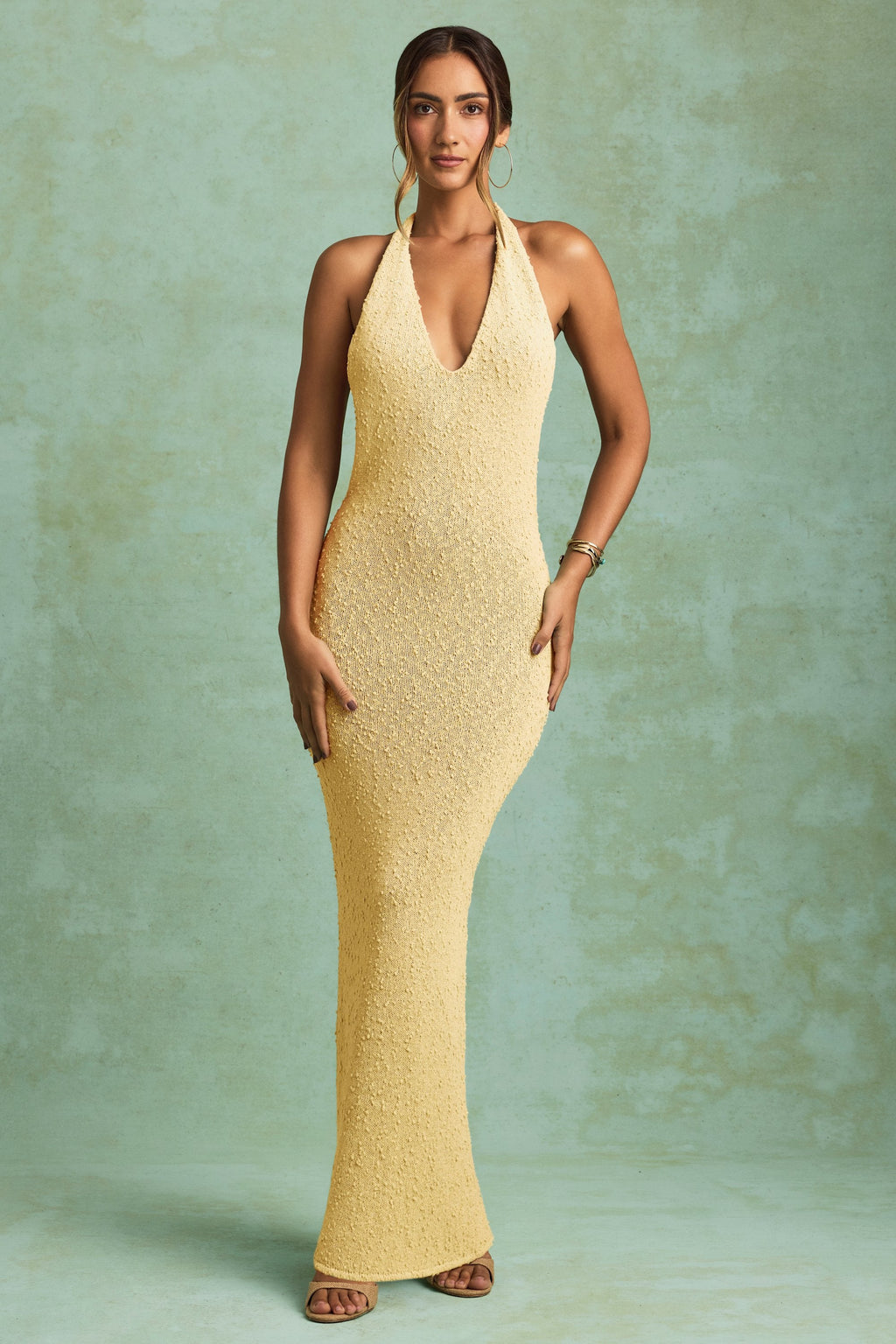 Bouclé Halterneck Maxi Dress in Yellow