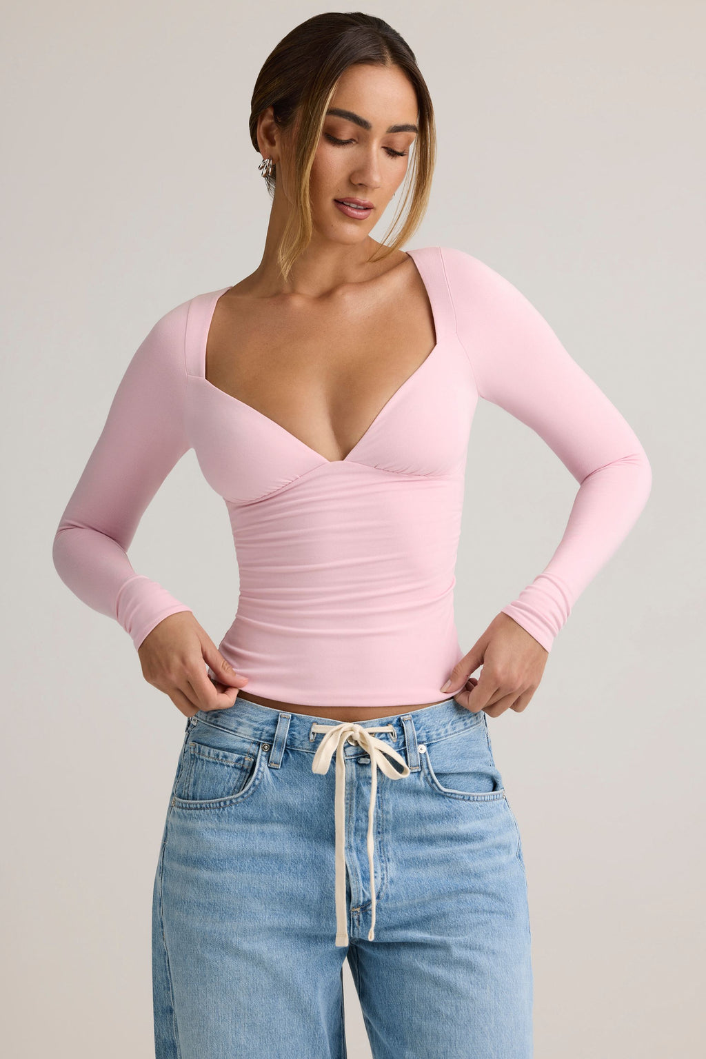 Modal Ruched Long-Sleeve Top in Baby Pink