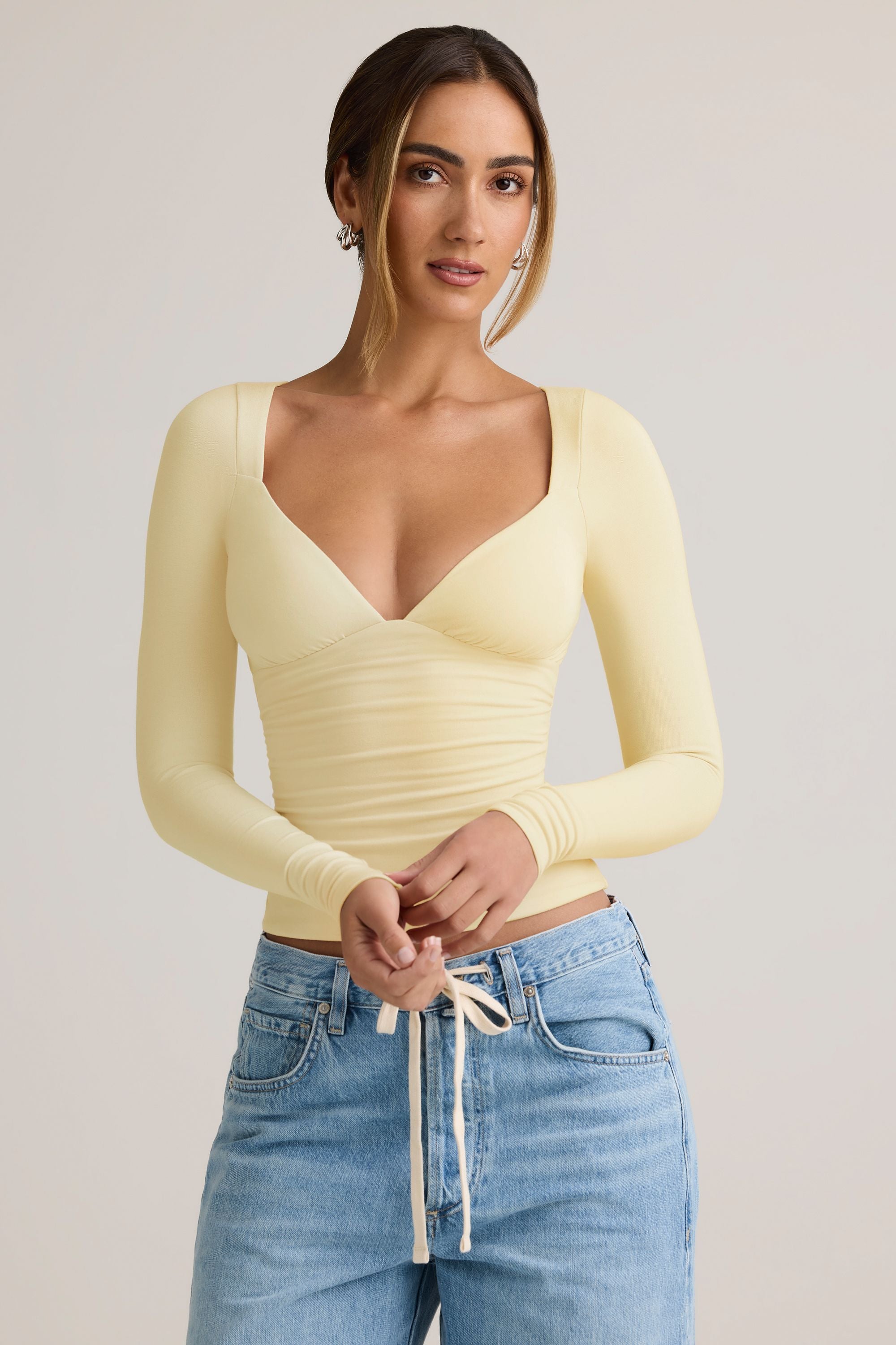 Modal Ruched Long-Sleeve Top in ButterCream Yellow