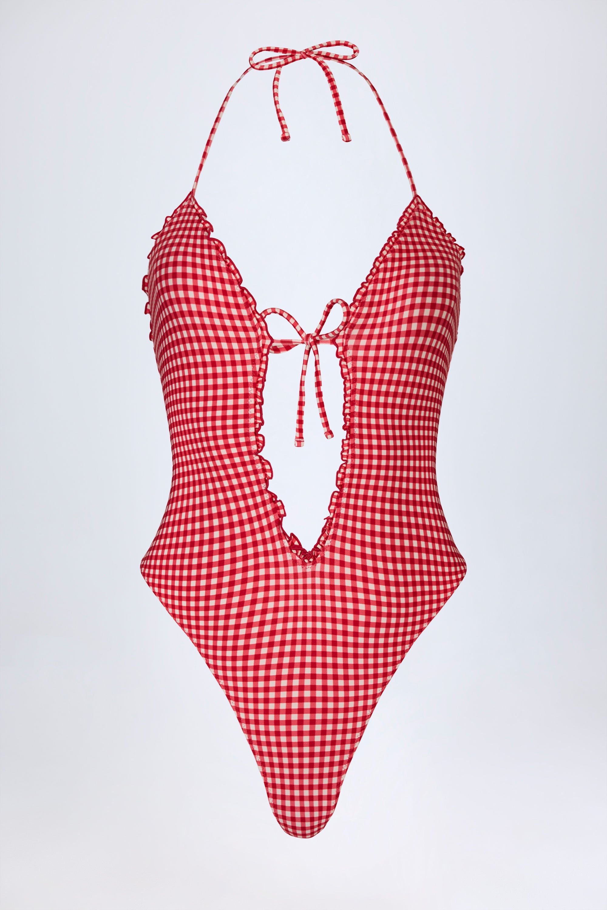 Ruffled Cut-Out Halterneck Swimsuit in Red Gingham
