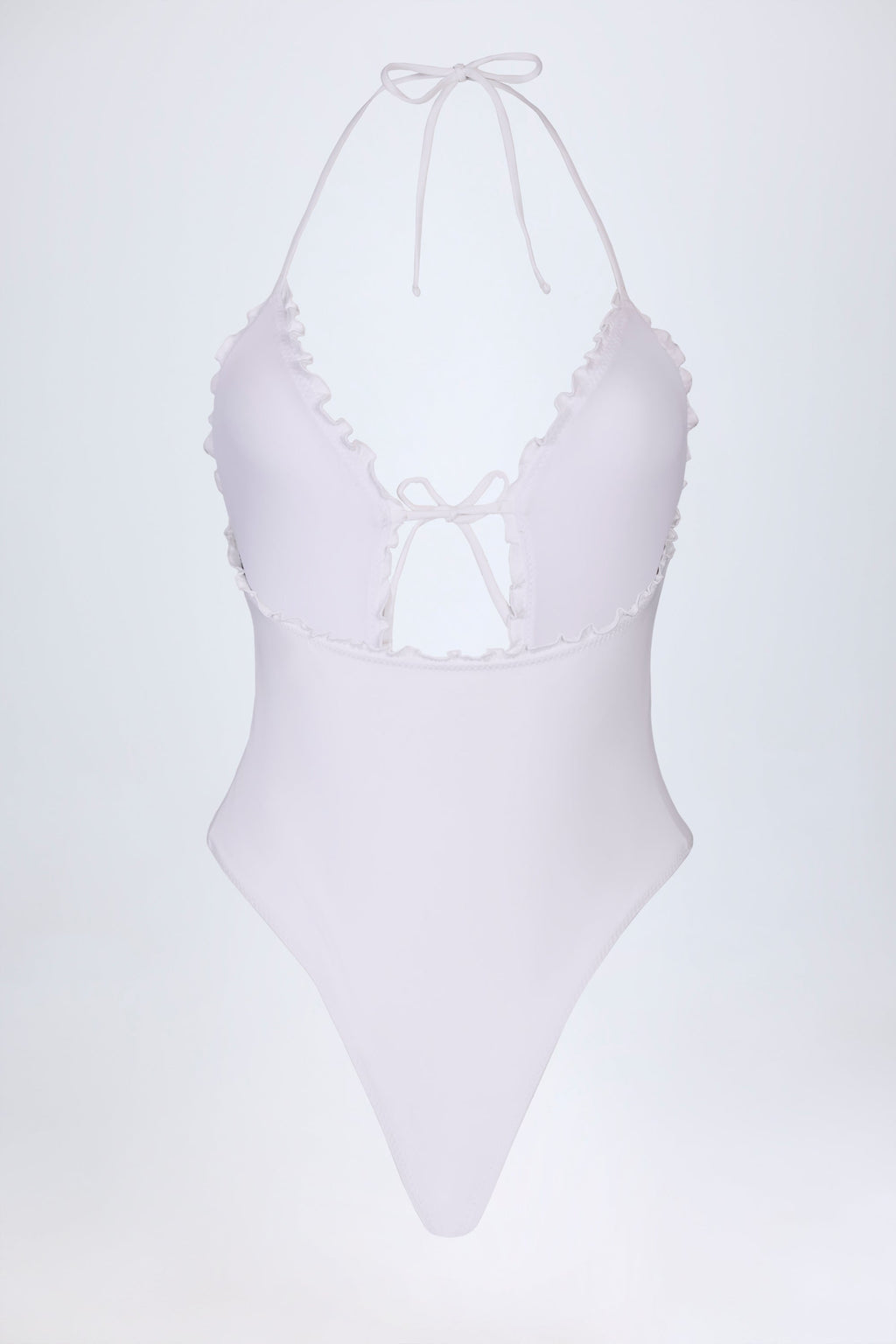 Ruffled Cut-Out Halterneck Swimsuit in White