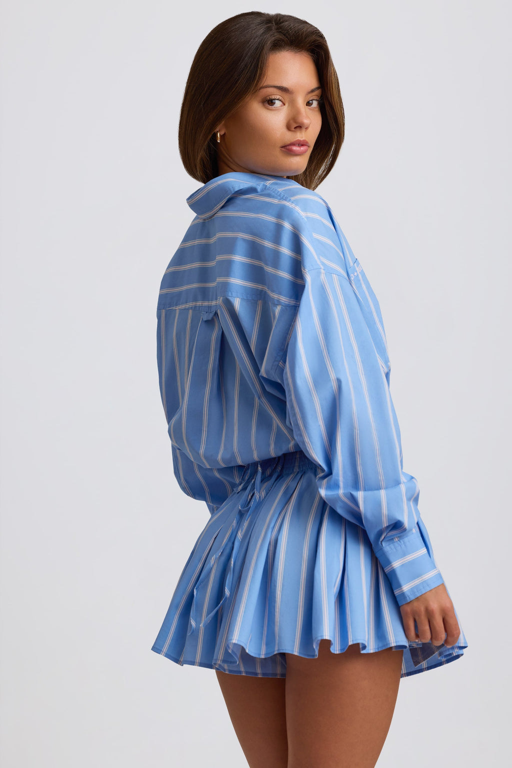 Cotton Poplin Stripe Multiway Cropped Shirt in Blue Stripe