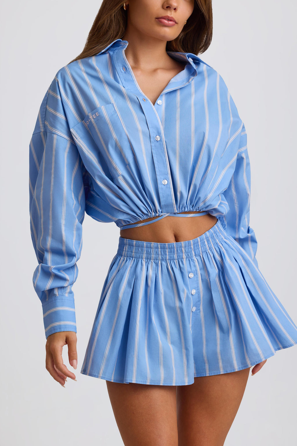 Cotton Poplin Stripe Multiway Cropped Shirt in Blue Stripe